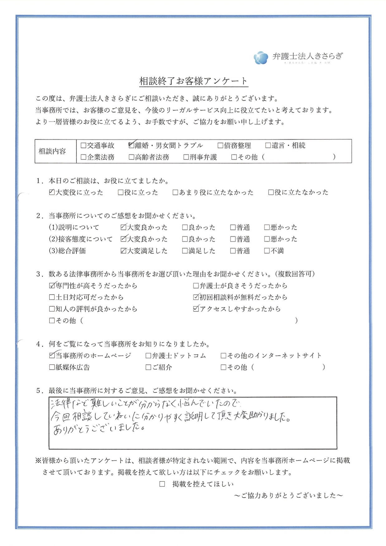 法律など難しいことが分からなくて悩んでいたので、今回相談してていねいに分かりやすく説明して頂き、大変助かりました。ありがとうございました