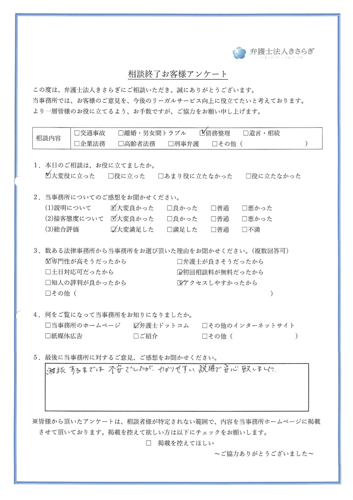 相談するまでは不安でしたが、わかりやすい説明で安心致しました