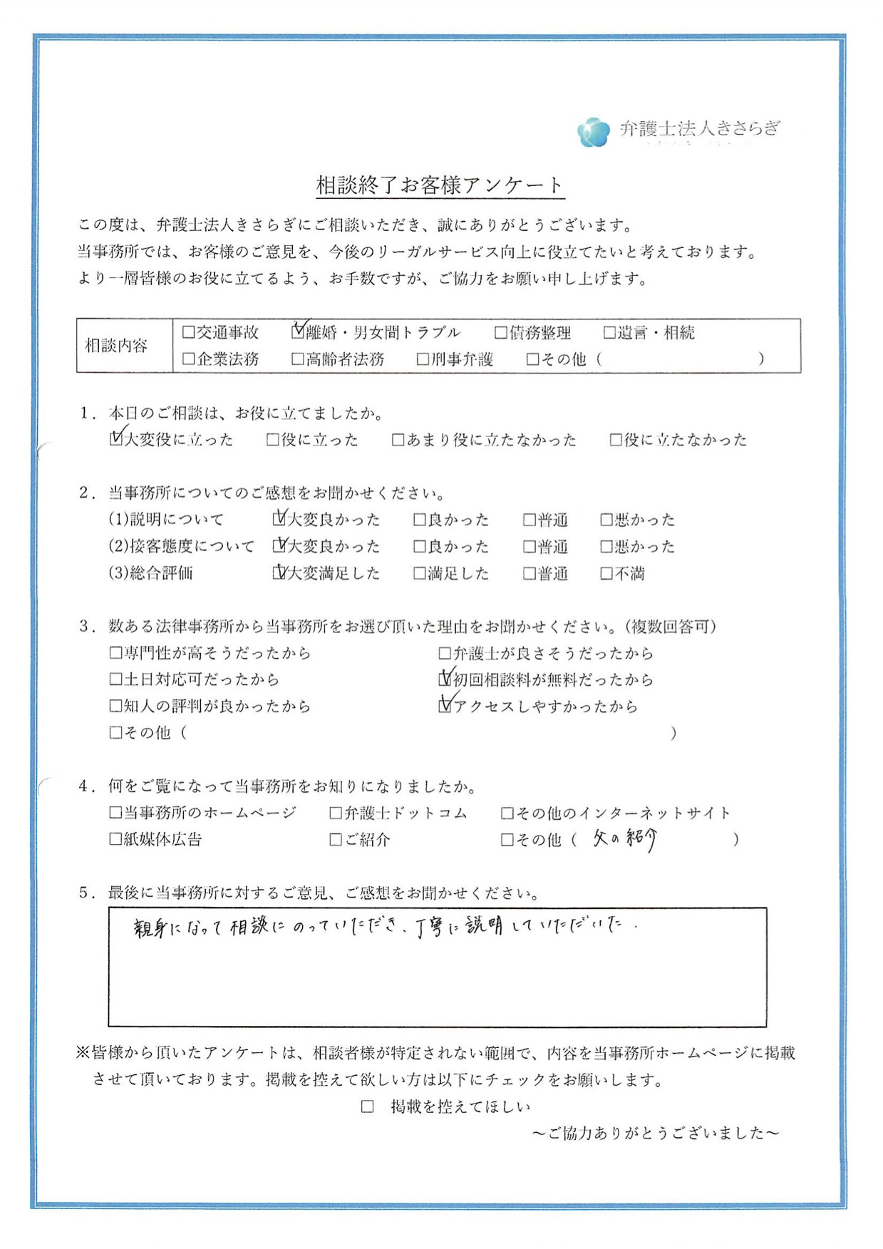 親身になって相談にのっていただき、丁寧に説明していただいた