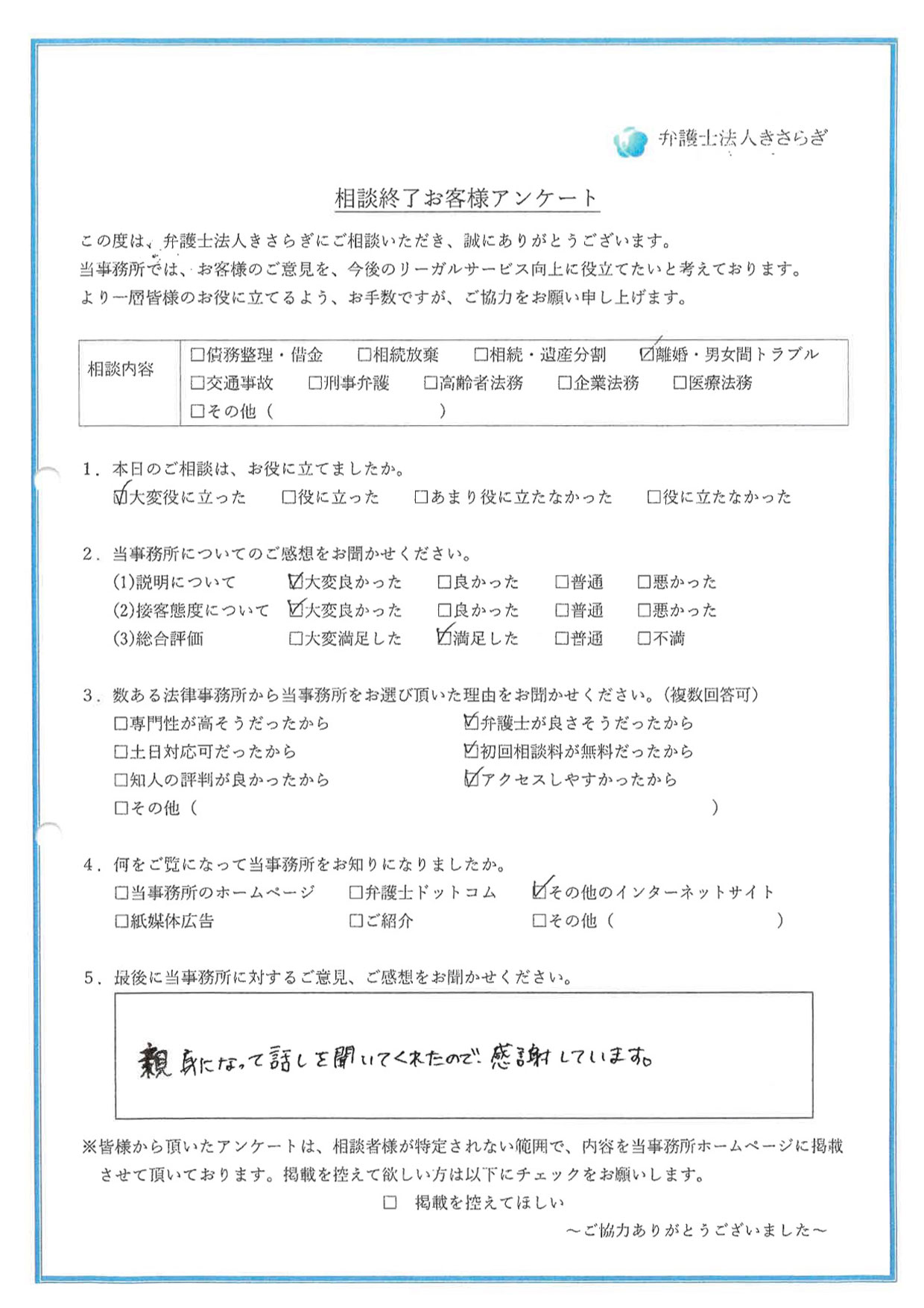 親身になって話しを聞いてくれたので、感謝しています