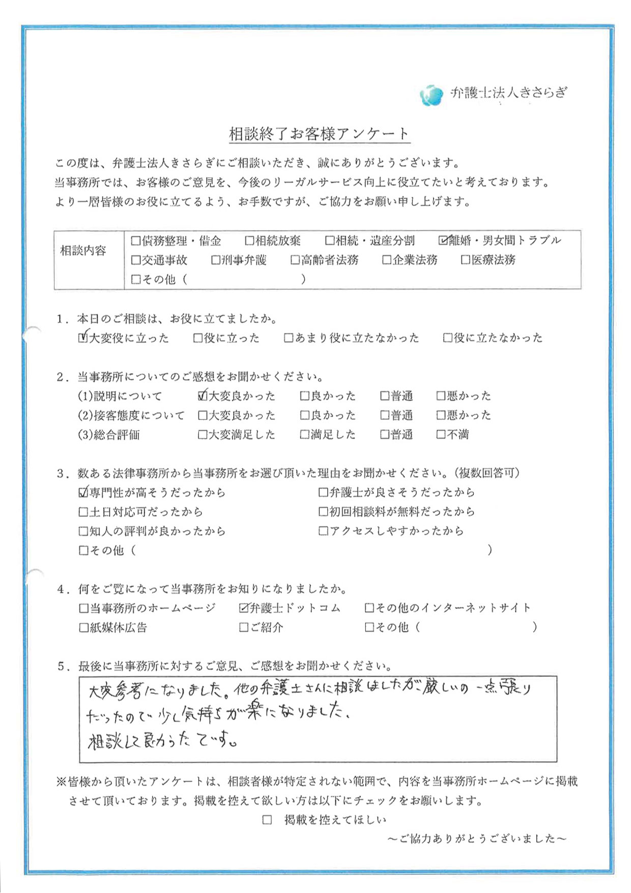 大変参考になりました。他の弁護士さんに相談しましたが、厳しいの一点張りだったので、少し気持ちが楽になりました。相談して良かったです