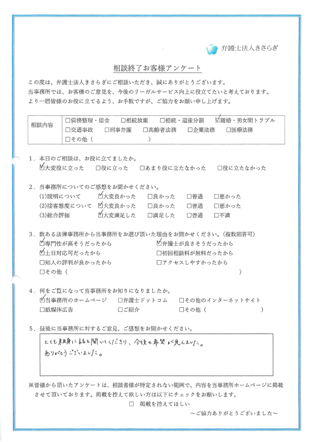 とても親身に話を聞いてくださり、今後の希望が見えました。ありがとうございました