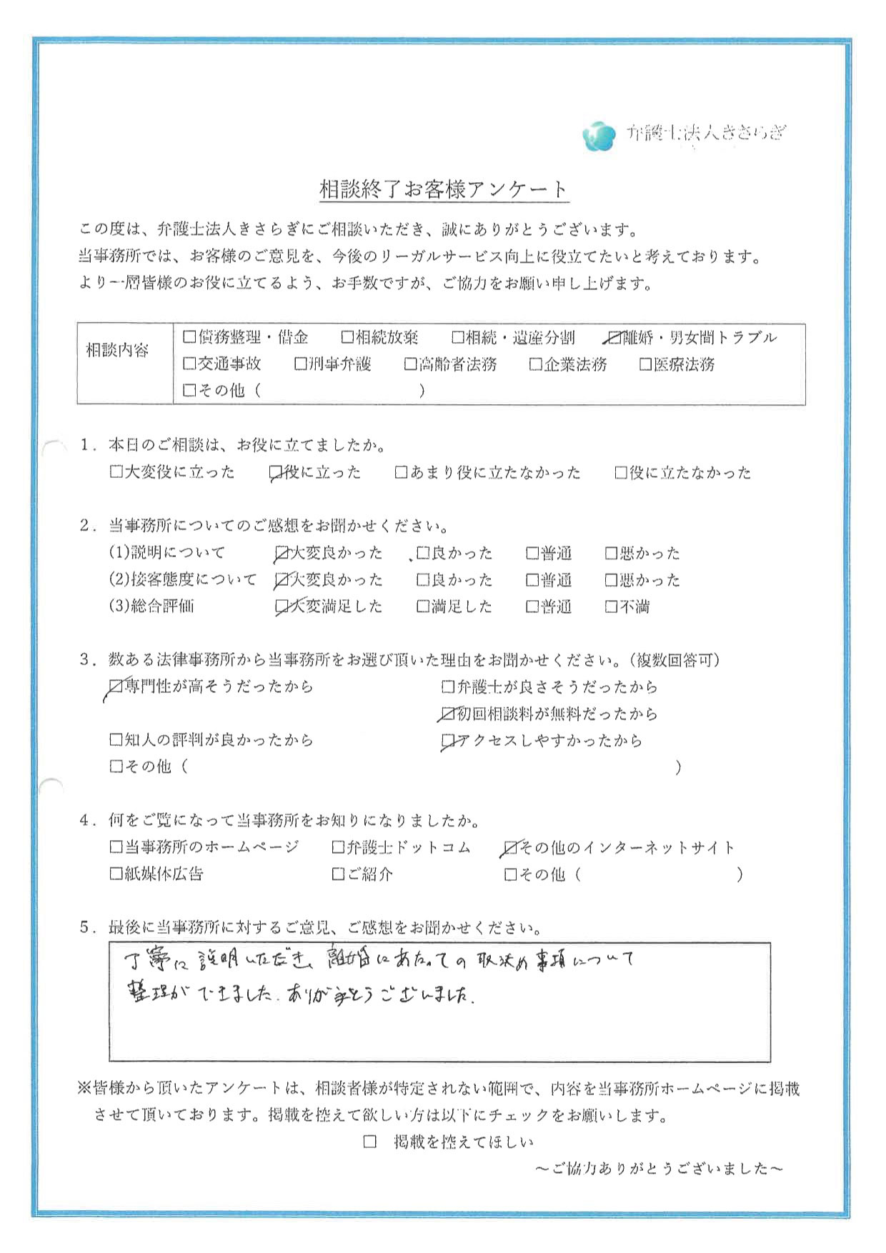 丁寧に説明いただき、離婚にあたっての取決め事項について整理ができました。ありがとうございました