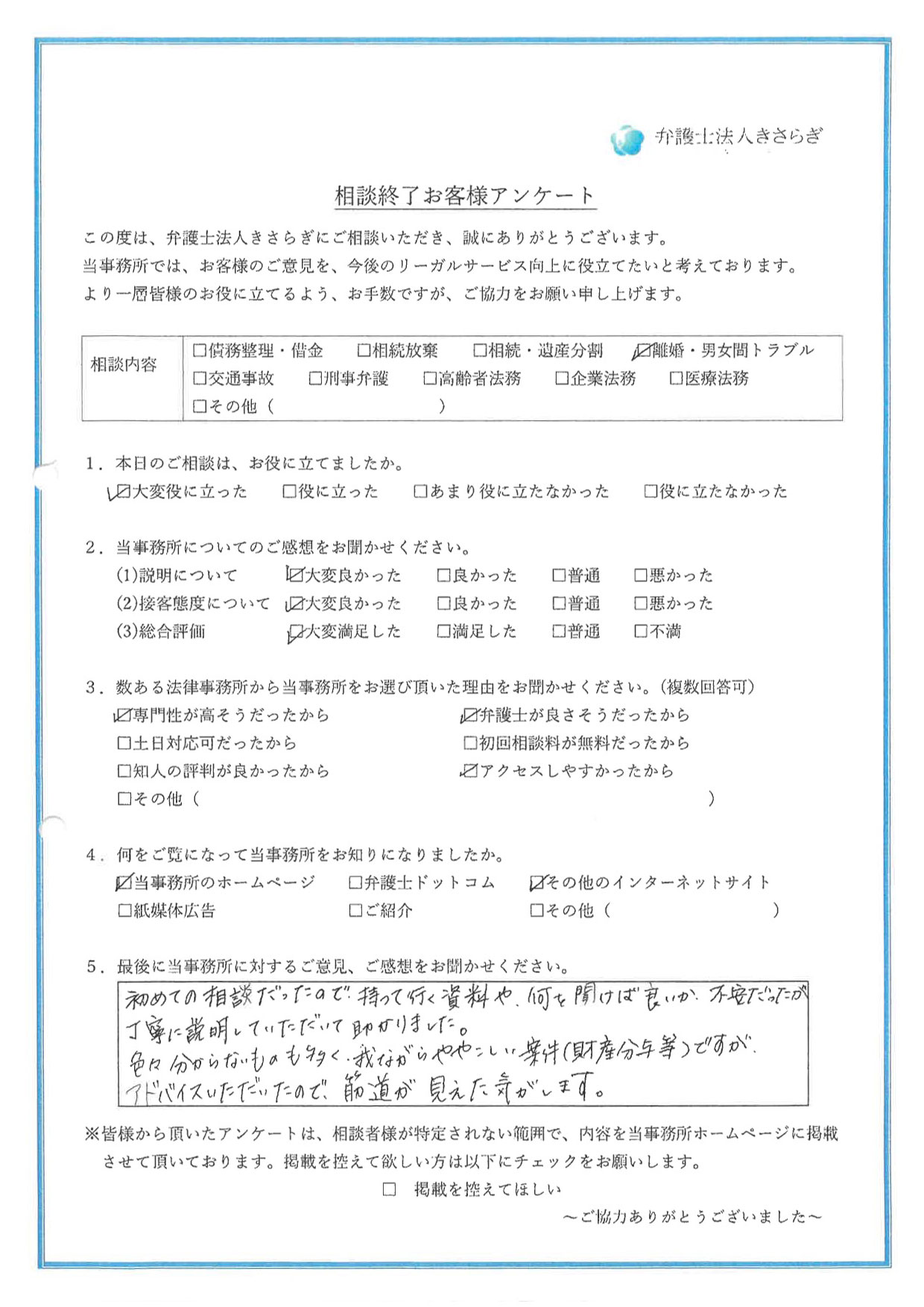 初めての相談だったので、持って行く資料や、何を聞けば良いか不安だったのが、丁寧に説明していただいて助かりました。色々分からないものも多く、我ながらややこしい案件（財産分与等）ですが、アドバイスいただいたので、道筋が見えた気がします