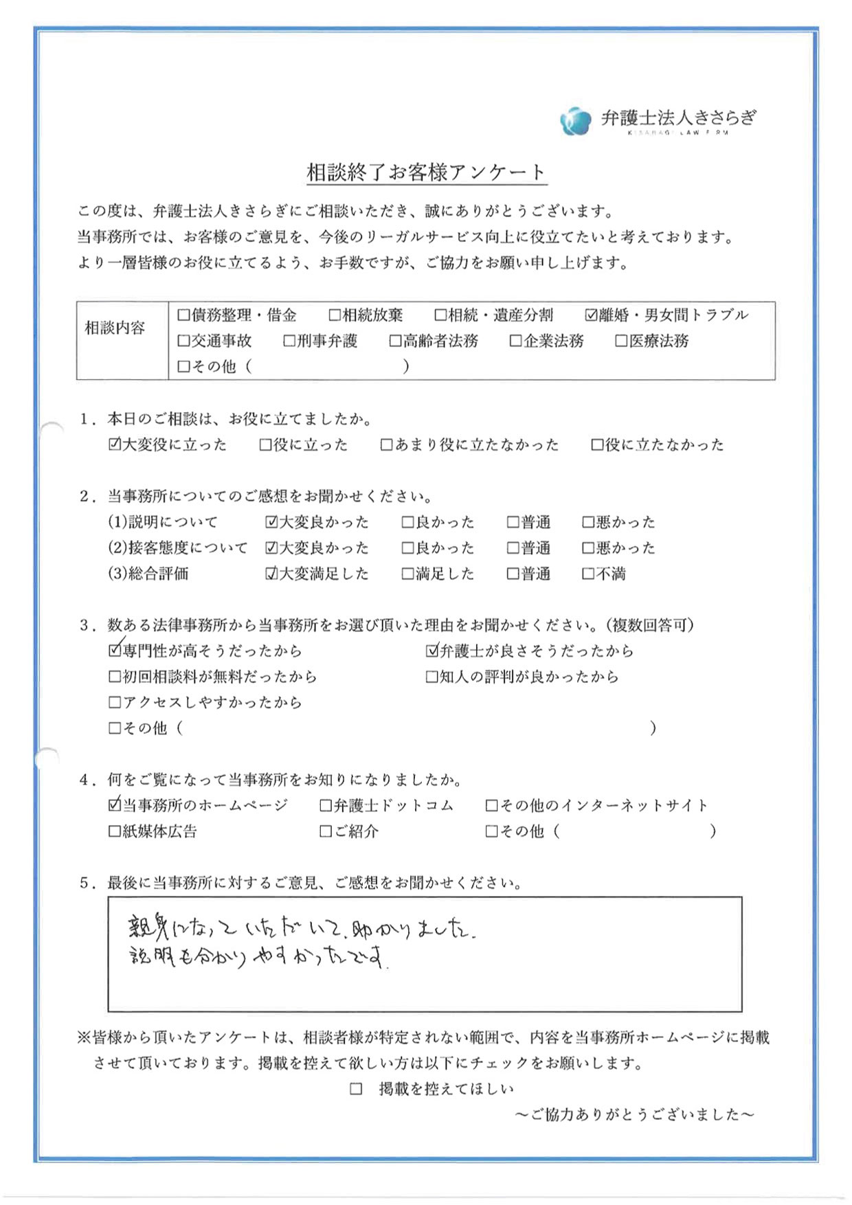 親身になっていただいて、助かりました。説明もわかりやすかったです