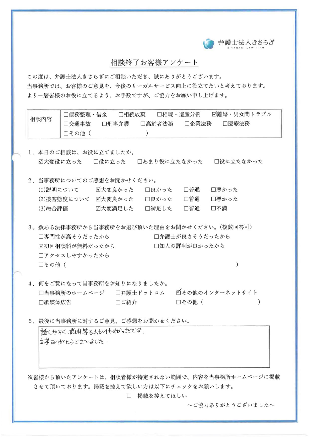 話しやすく、説明等もわかりやすかったです。お茶ありがとうございました