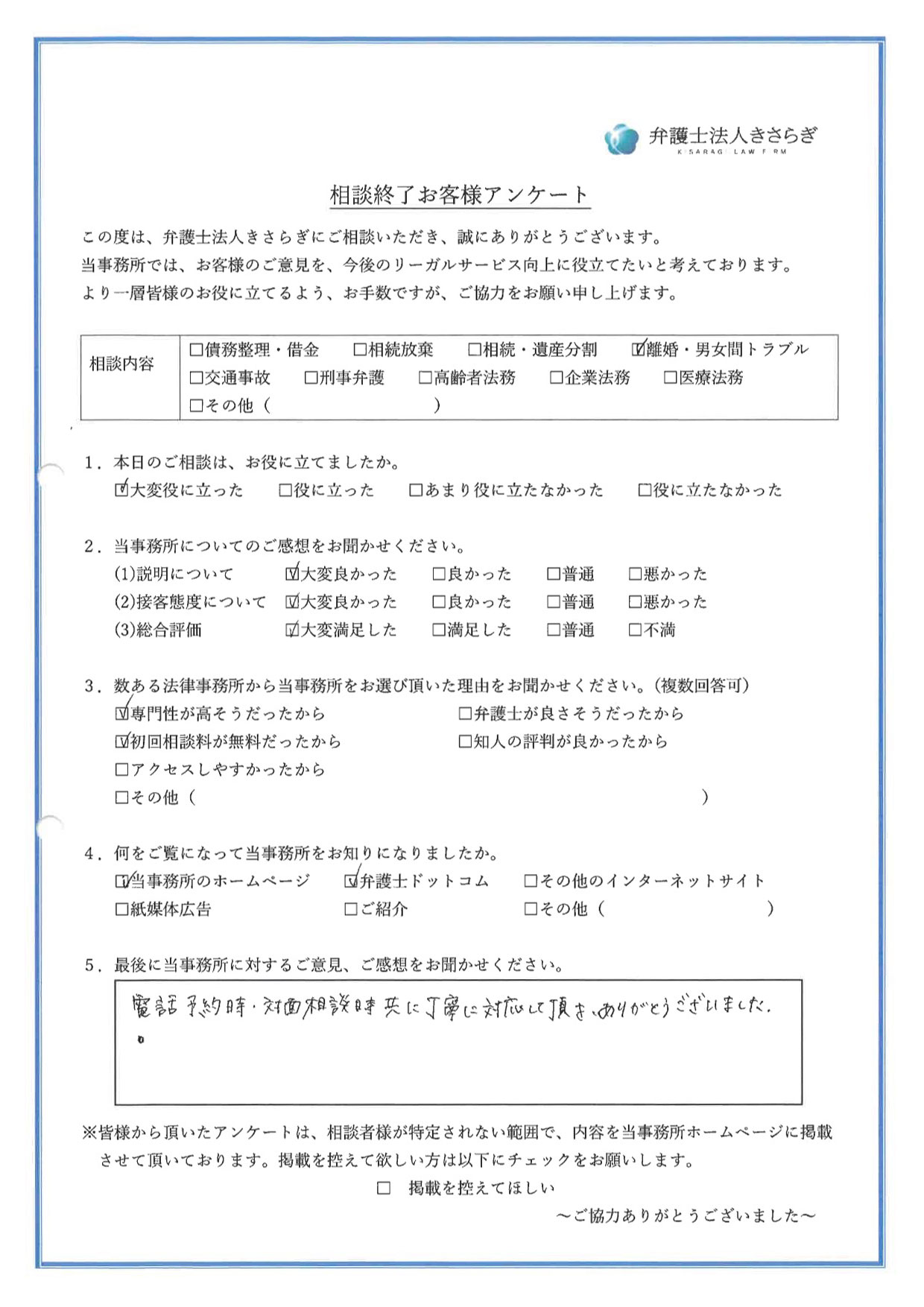 電話予約時・対面相談時共に丁寧に対応して頂き、ありがとうございました