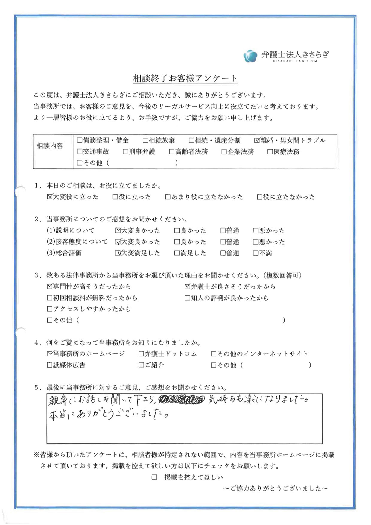 親身にお話しを聞いて下さり、気持ちも楽になりました。本当にありがとうございました