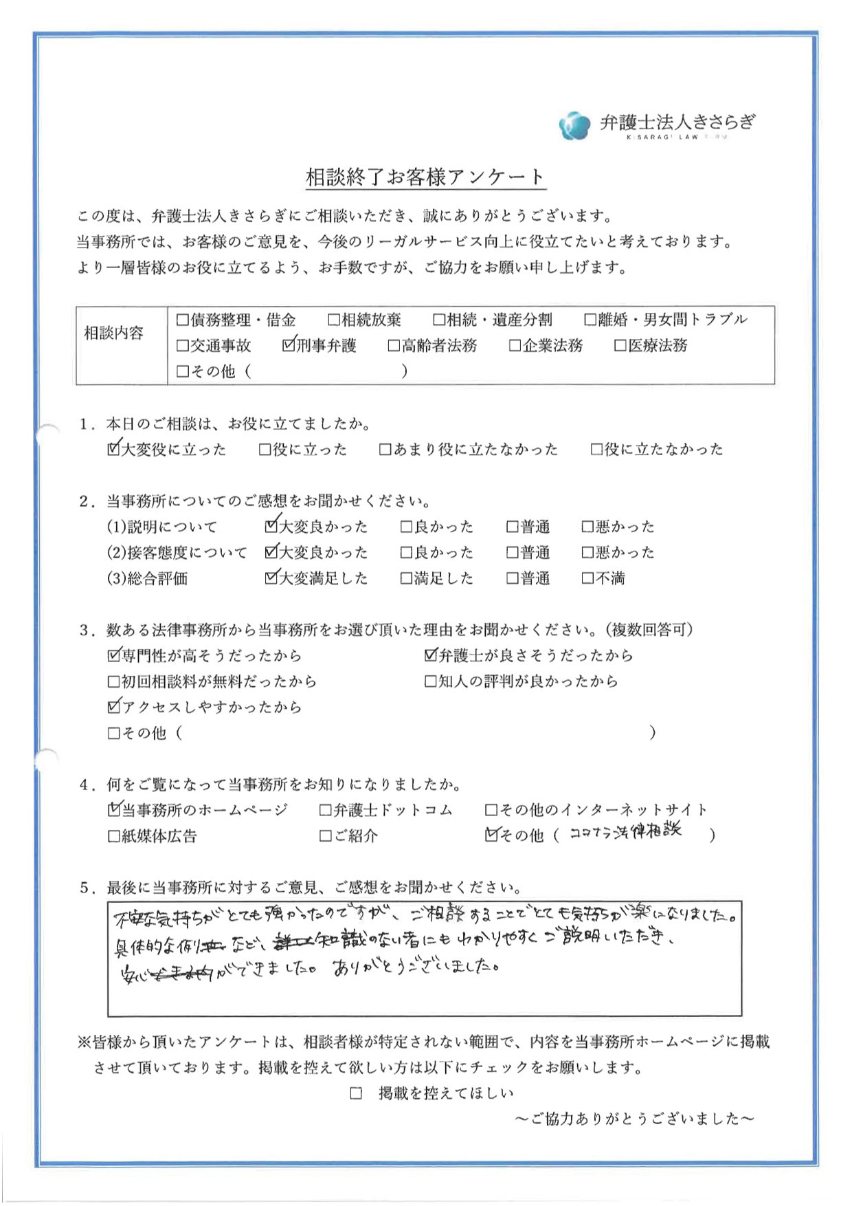 不安な気持ちがとても強かったのですが、ご相談することでとても気持ちが楽になりました。具体的な例など、知識のない者にもわかりやすくご説明いただき、安心ができました。ありがとうございました