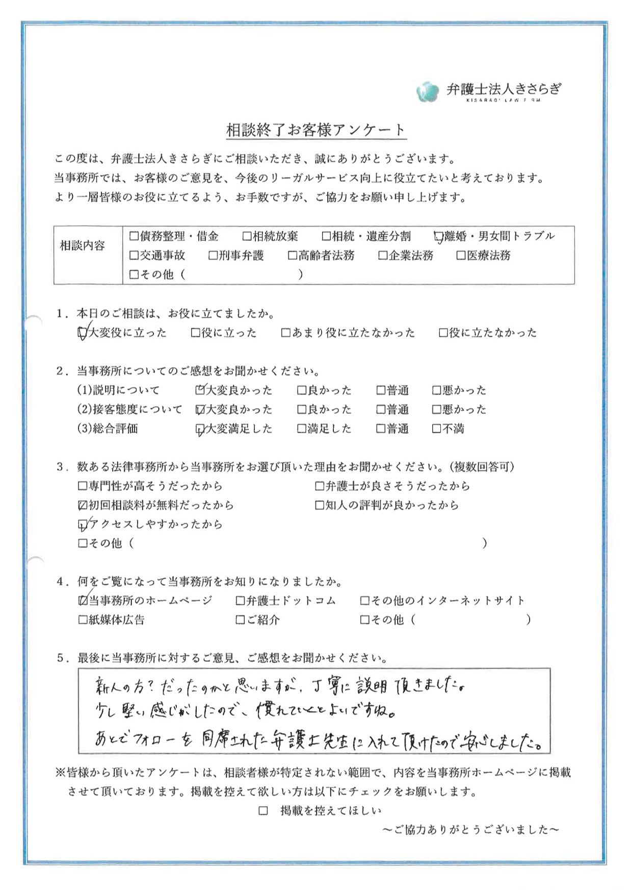 新人の方？だったのかと思いますが、丁寧に説明頂きました。少し堅い感じがしたので、慣れていくとよいですね。あとでフォローを同席された弁護士先生に入れて頂けたので安心しました