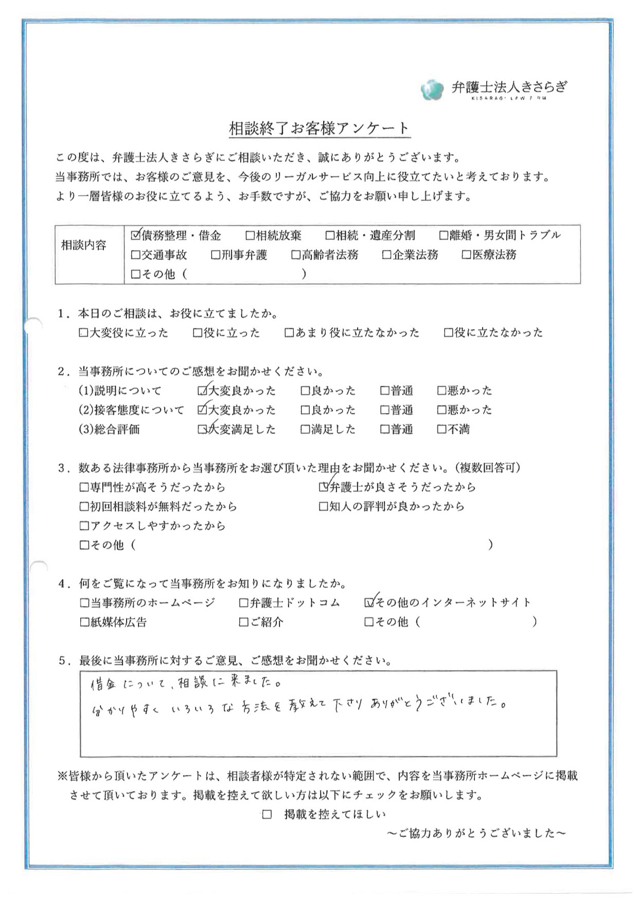 借金について、相談に来ました。分かりやすくいろいろな方法を教えて下さりありがとうございました