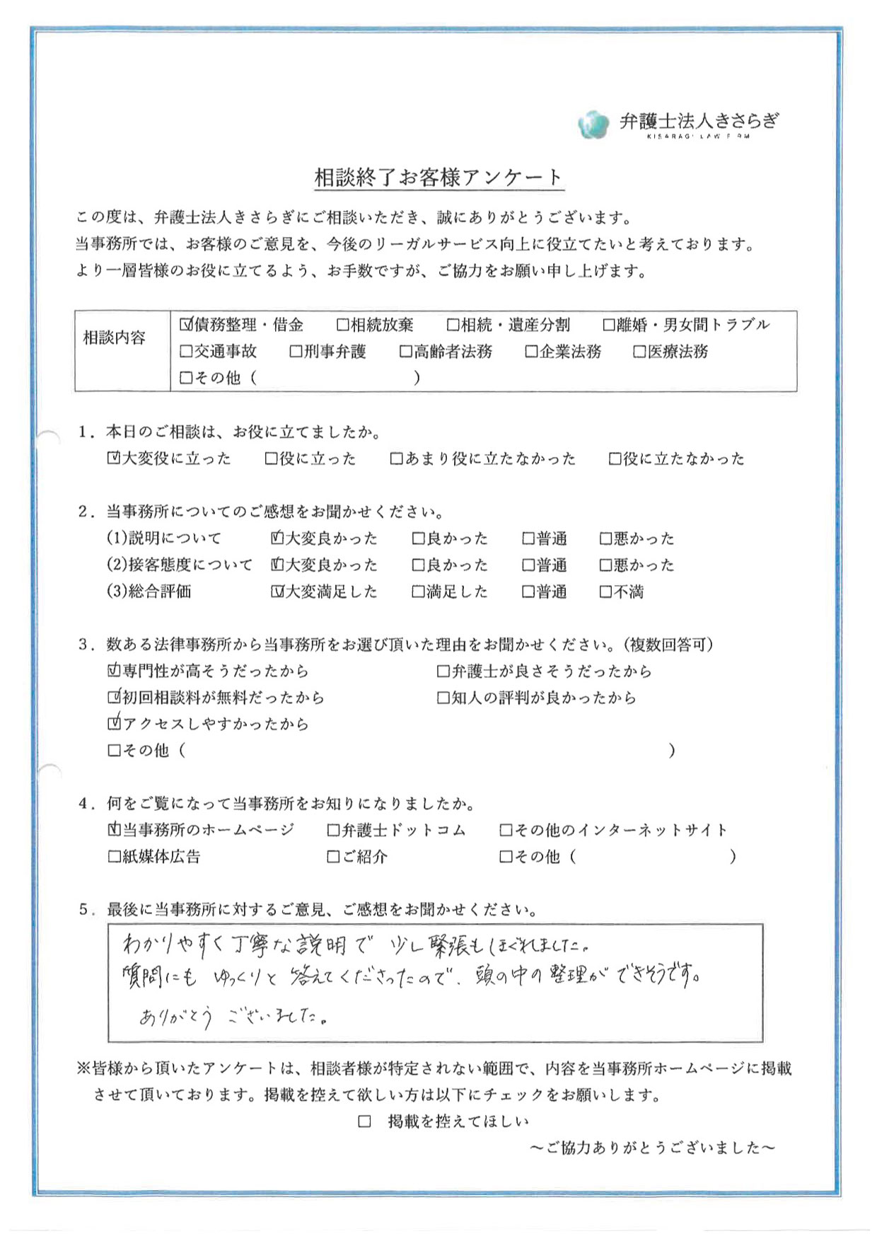 わかりやすく丁寧な説明で、少し緊張もほぐれました。質問にもゆっくりと答えてくださったので、頭の中の整理ができそうです。ありがとうございました