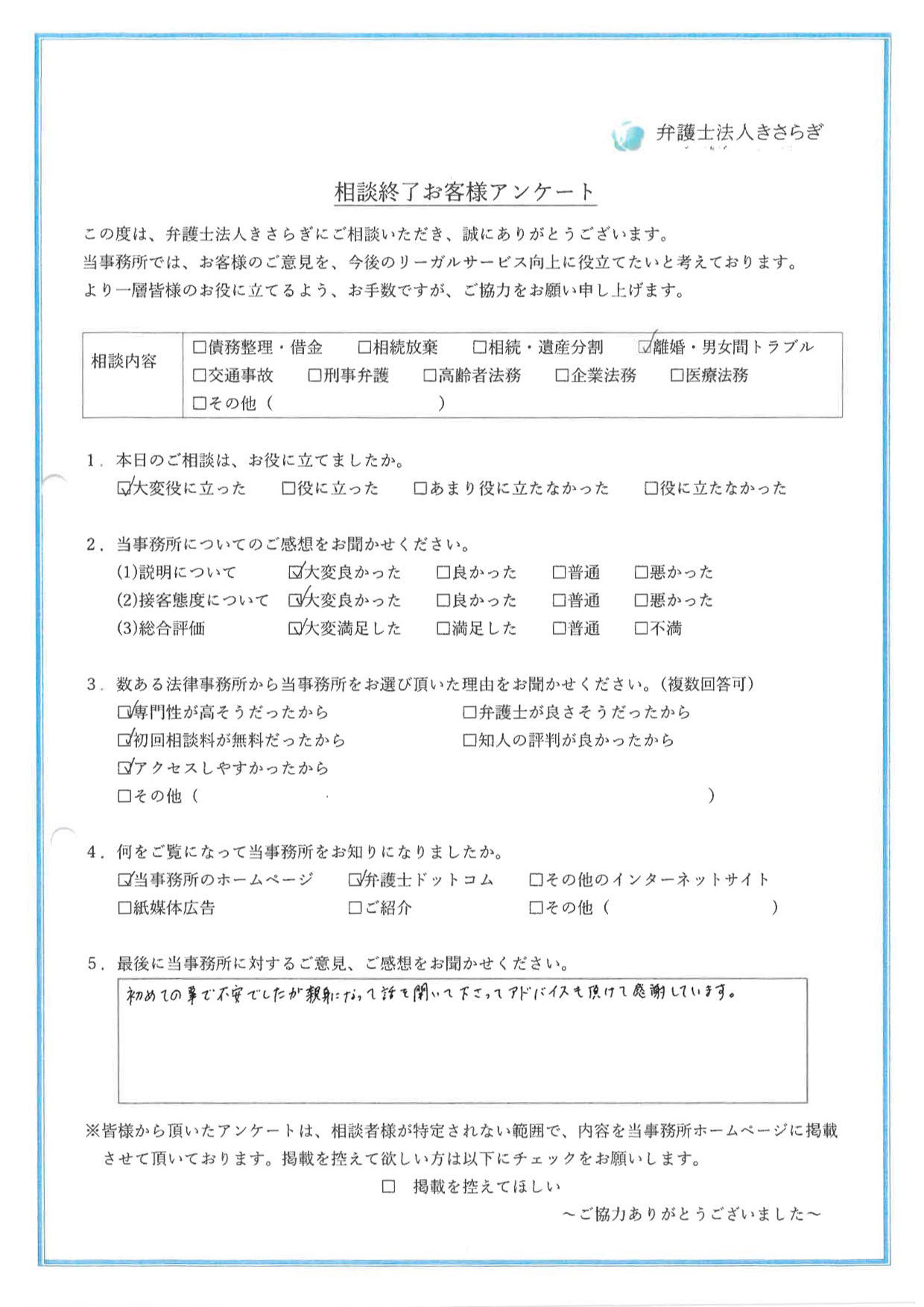 初めての事で不安でしたが親身になって話を聞いて下さってアドバイスも頂けて感謝しています