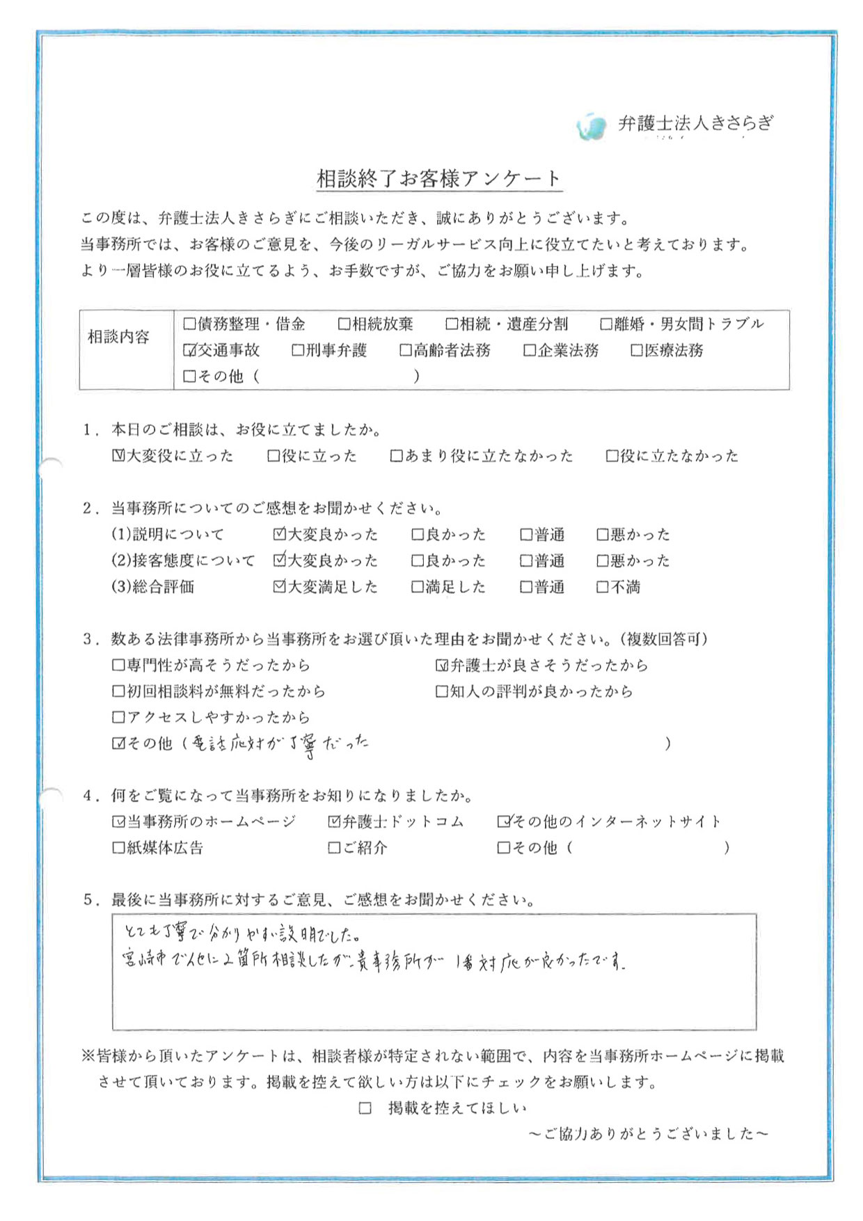 とても丁寧で分かりやすい説明でした。宮崎市で他に2箇所相談したが、貴事務所が1番対応が良かったです