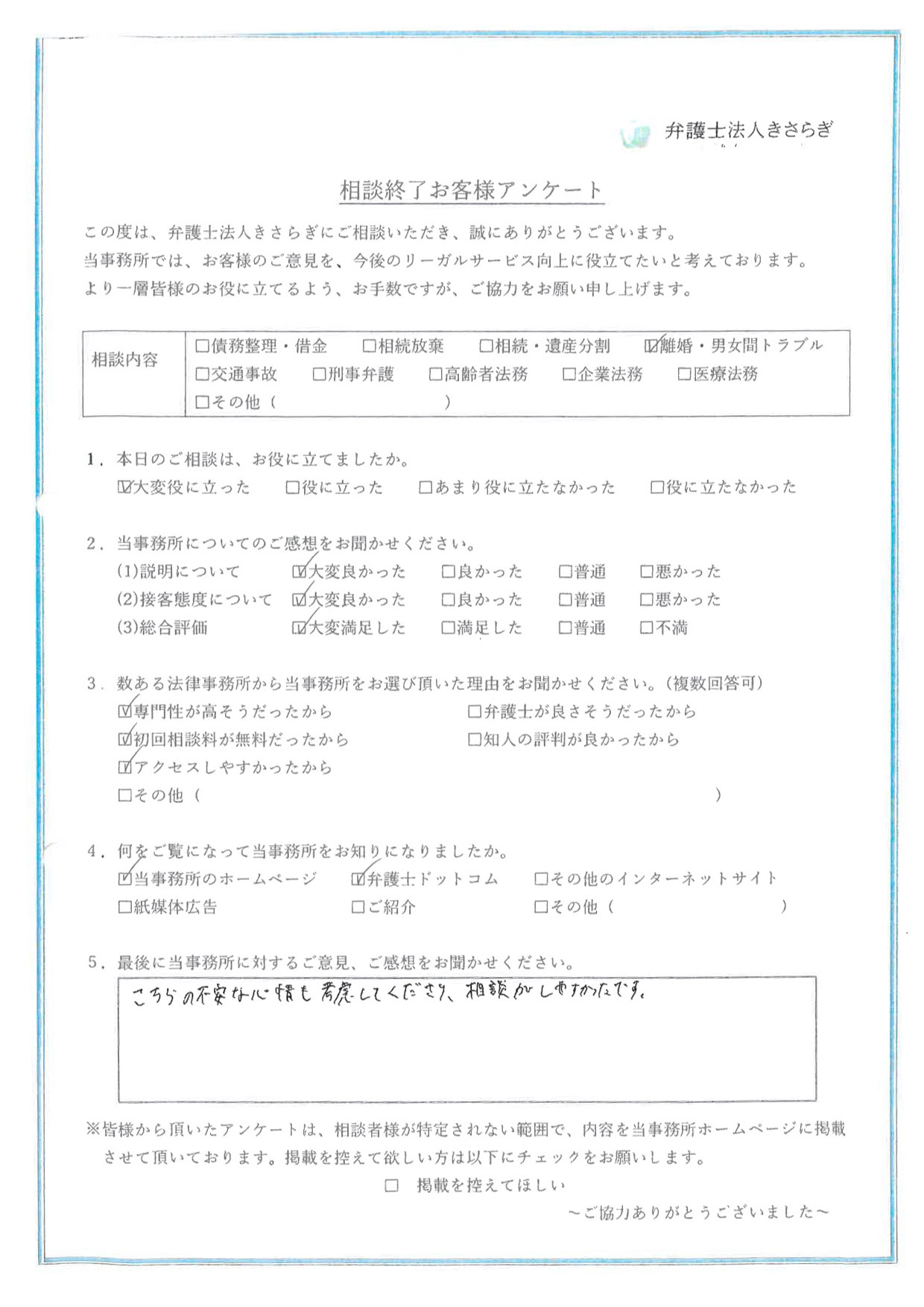 こちらの不安な心情も考慮してくださり、相談がしやすかったです