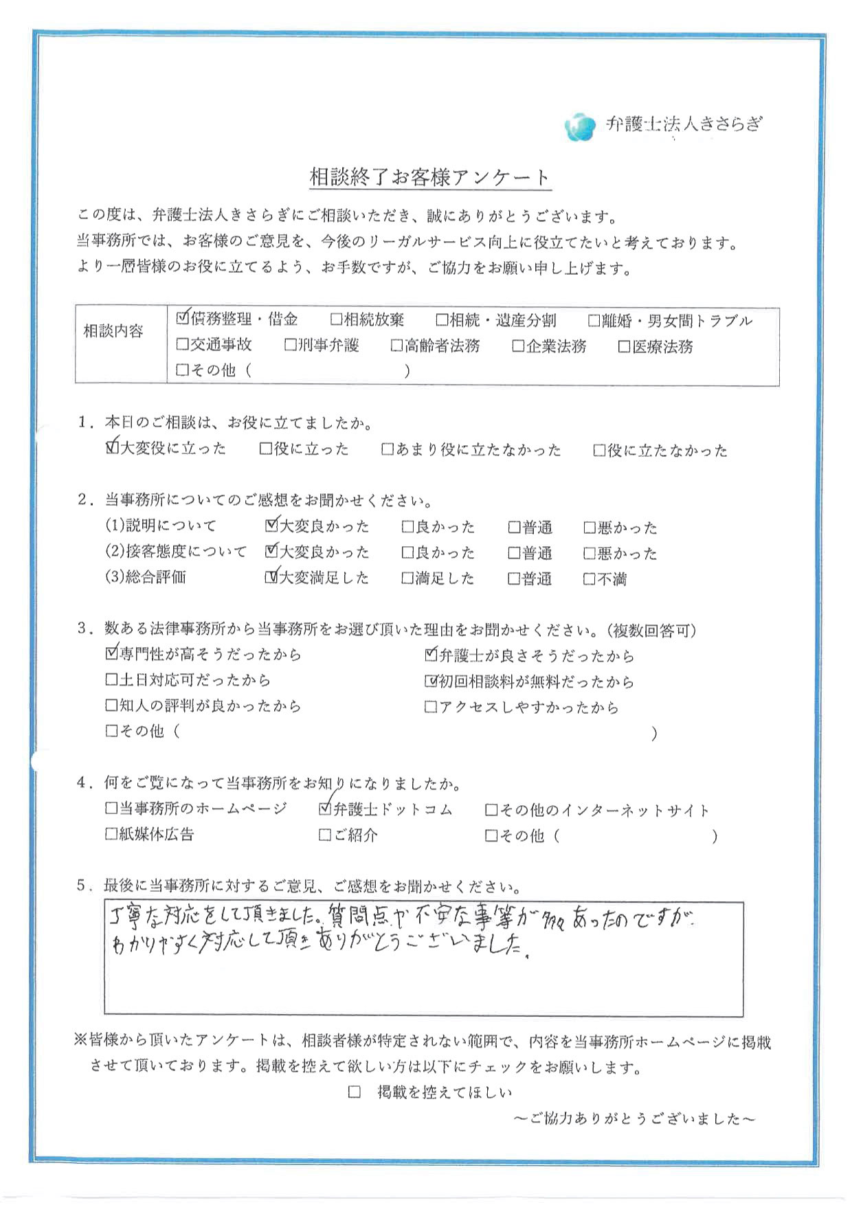 丁寧な対応をして頂きました。質問点や不安な事等が多々あったのですが、わかりやすく対応して頂きありがとうございました