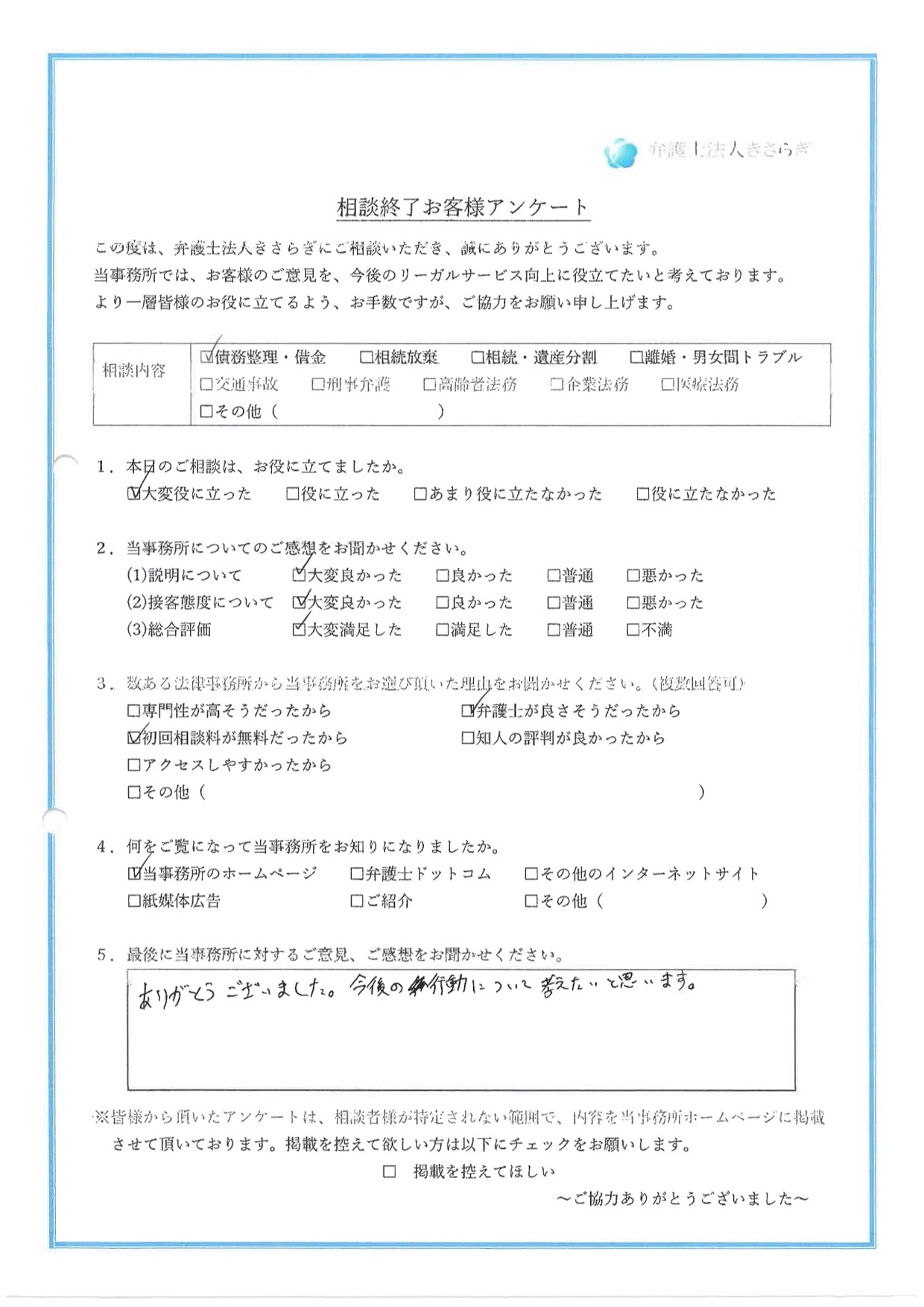 ありがとうございました。今後の行動について考えたいと思います