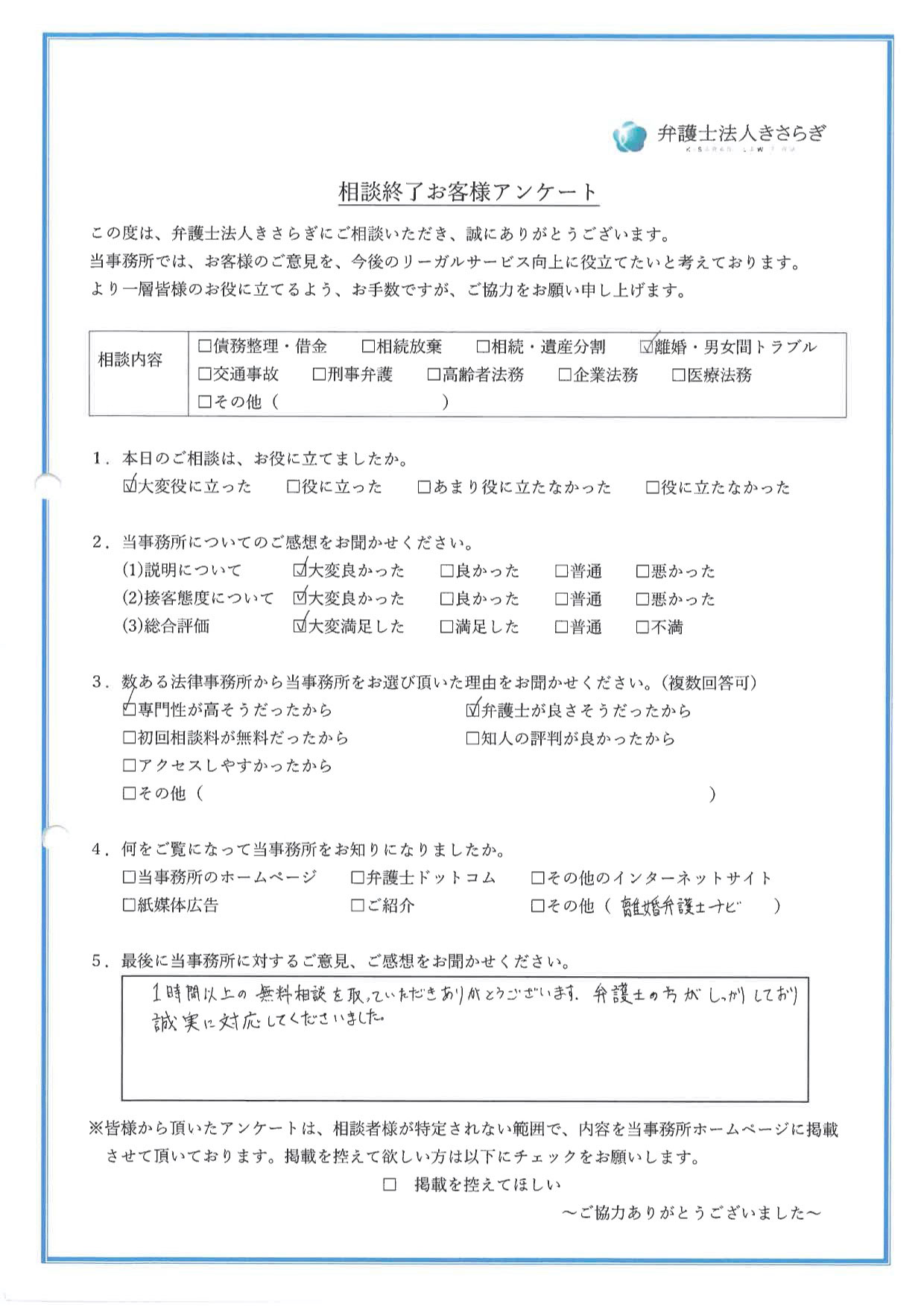 1時間以上の無料相談を取っていただきありがとうございます。弁護士の方がしっかりしており誠実に対応してくださいました