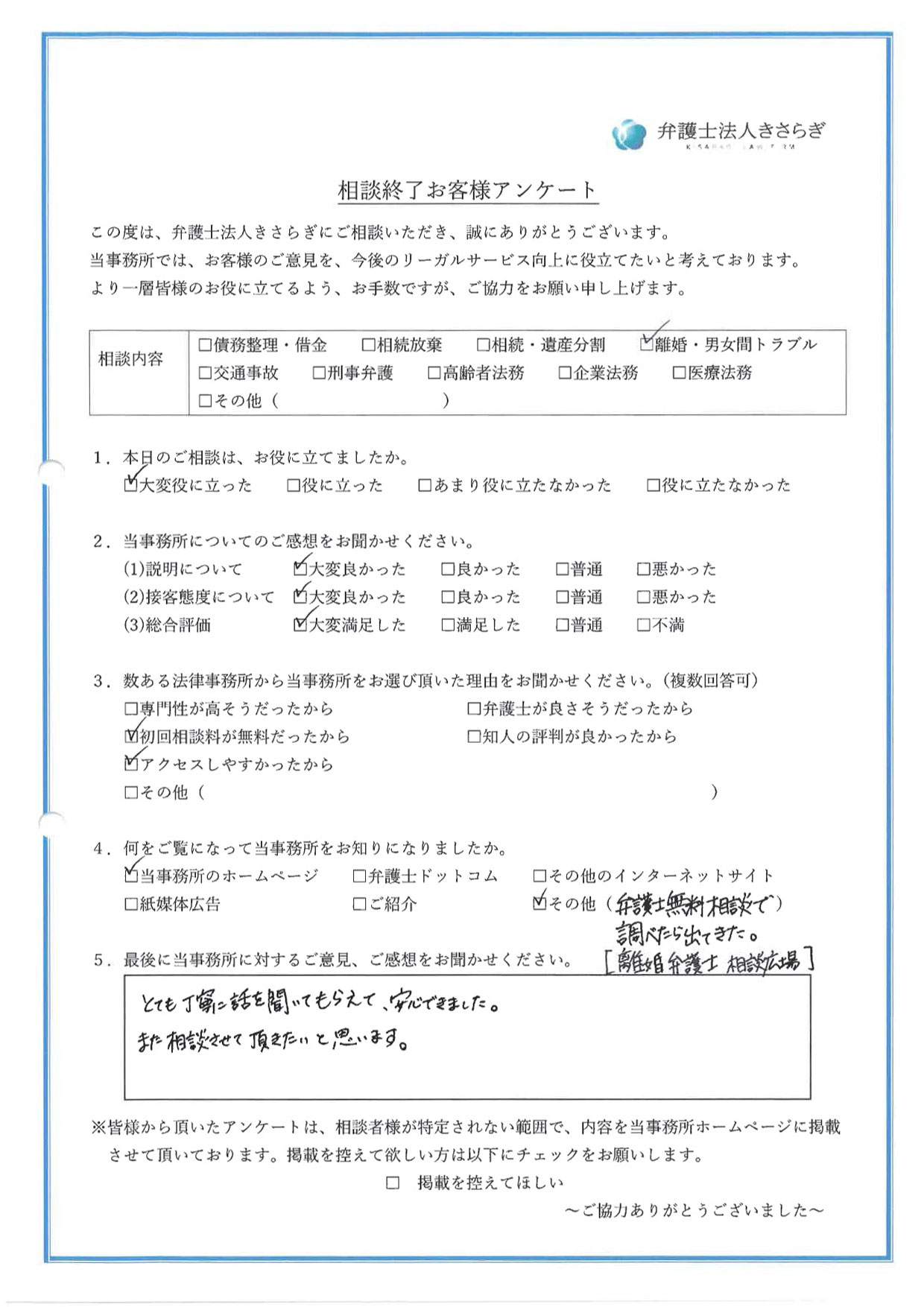 とても丁寧に話を聞いてもらえて、安心できました。また相談させて頂きたいと思います