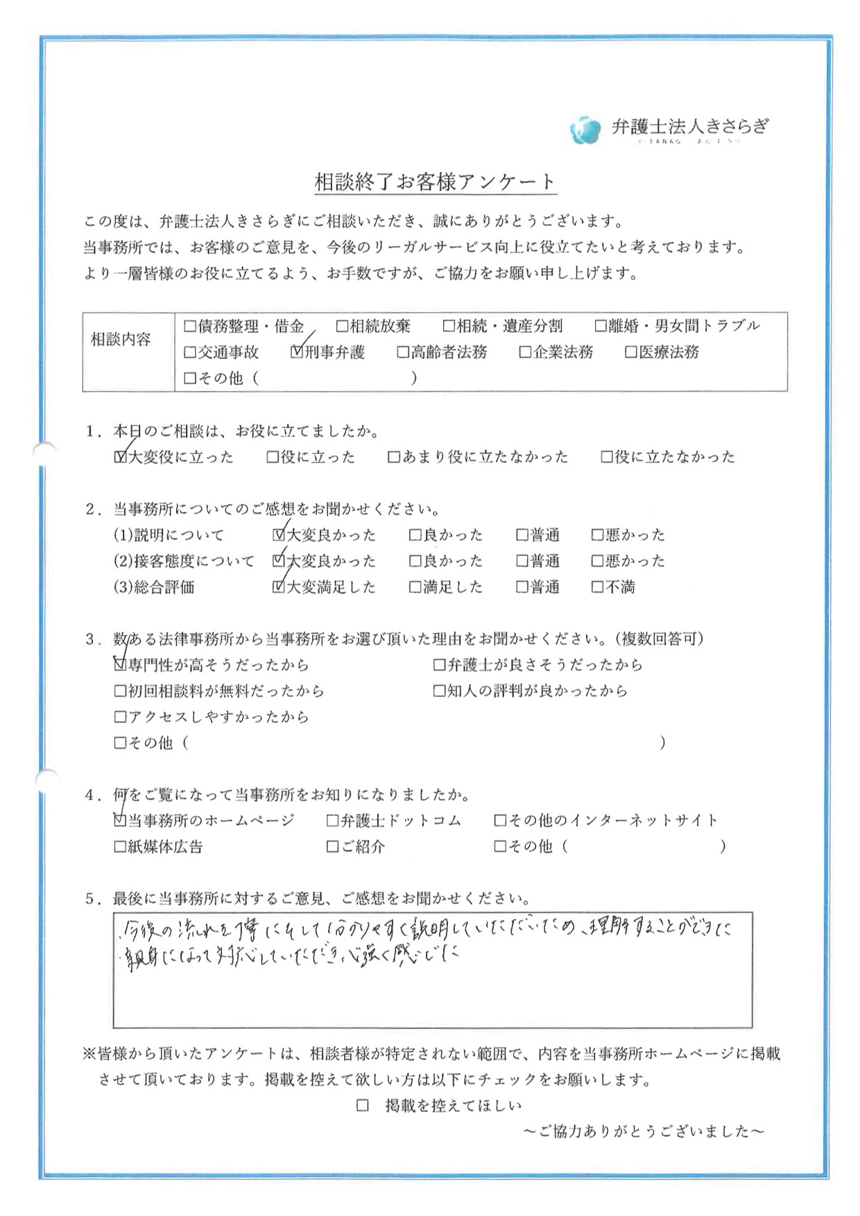 今後の流れを丁寧にそして分かりやすく説明していただいたため、理解することができた。親身になって対応していただき、心強く感じた