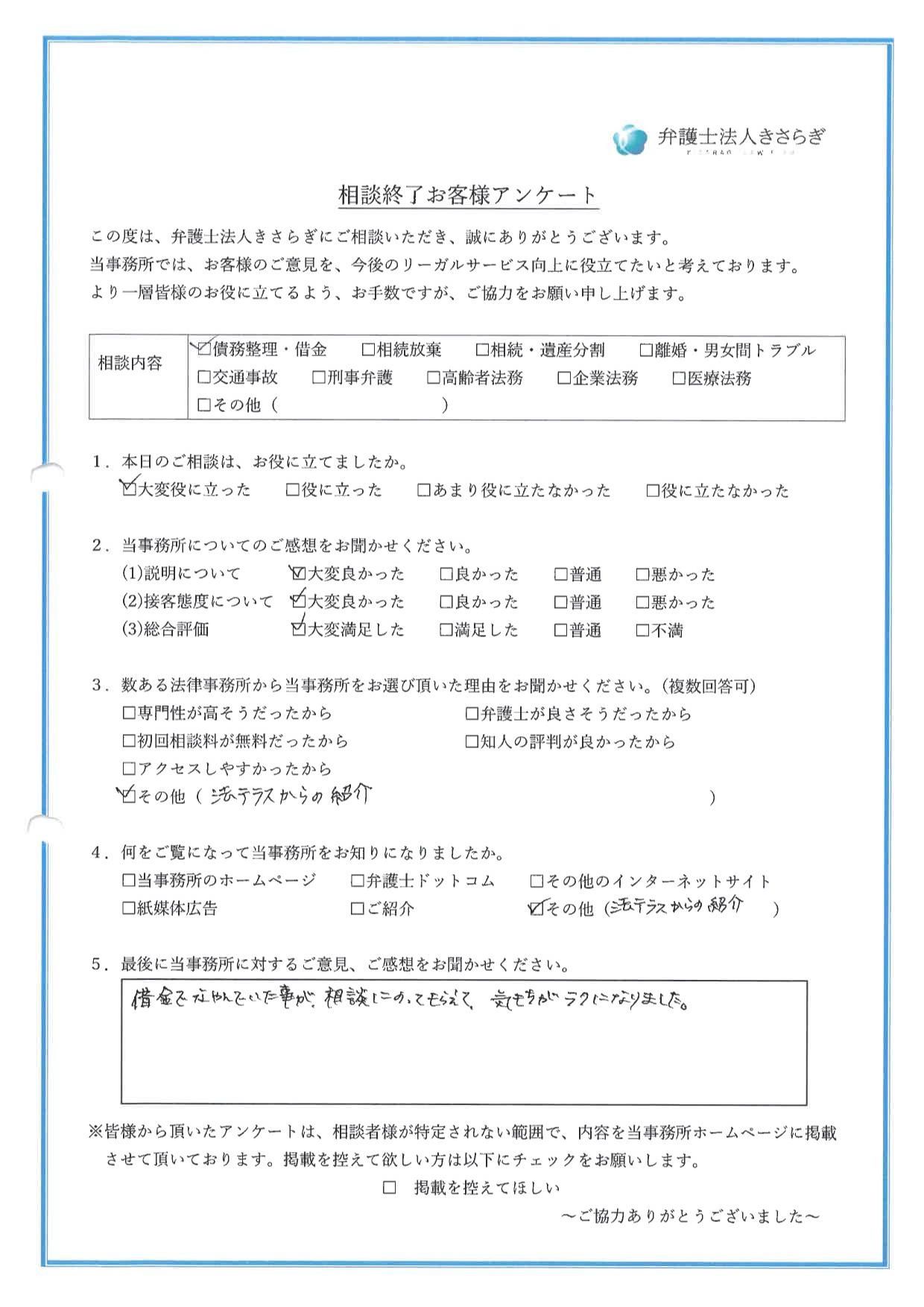 借金でなやんでいた事が、相談にのってもらえて、気持ちがラクになりました