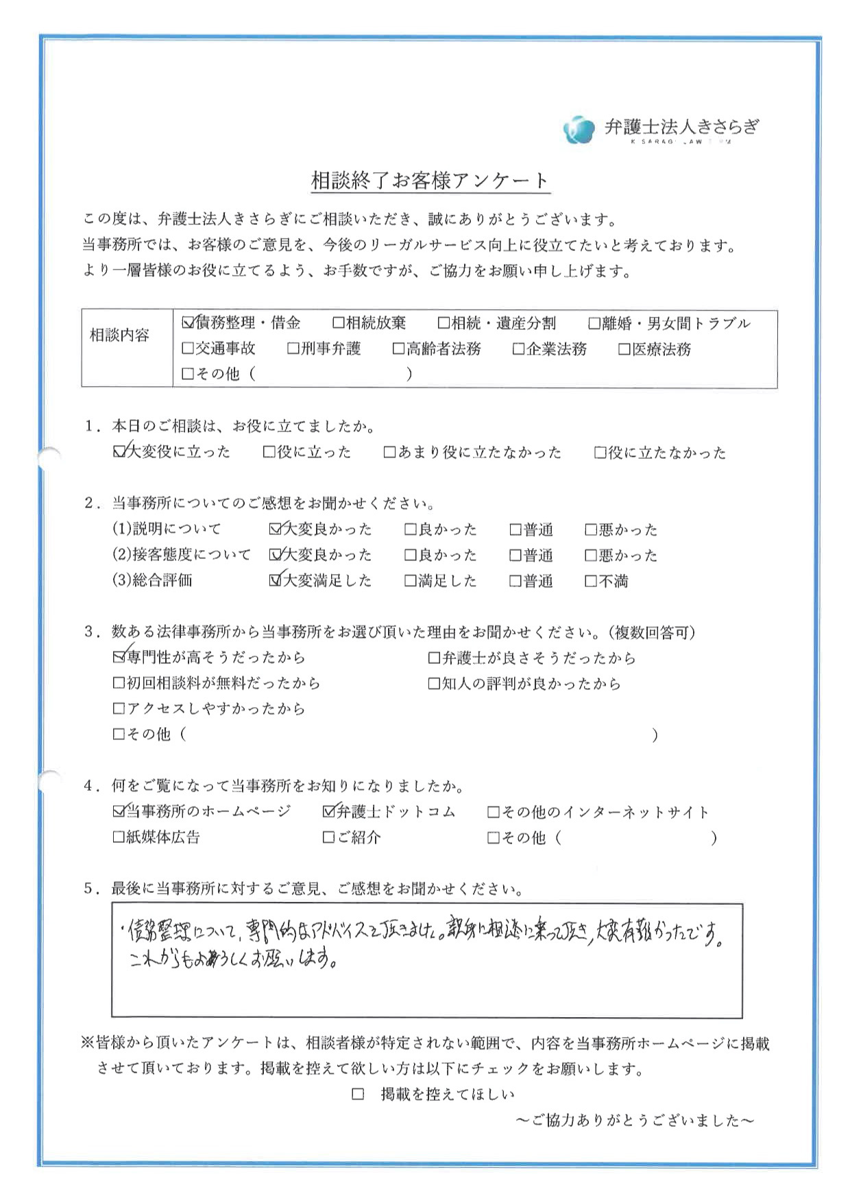 債務整理について、専門的なアドバイスを頂きました。親身に相談に乗って頂き、大変有難かったです。これからもよろしくお願いします