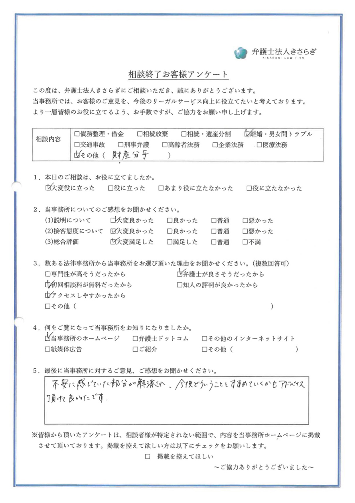 不安に感じていた部分が解消され、今後どういうことをすすめていくかもアドバイス頂けて良かったです