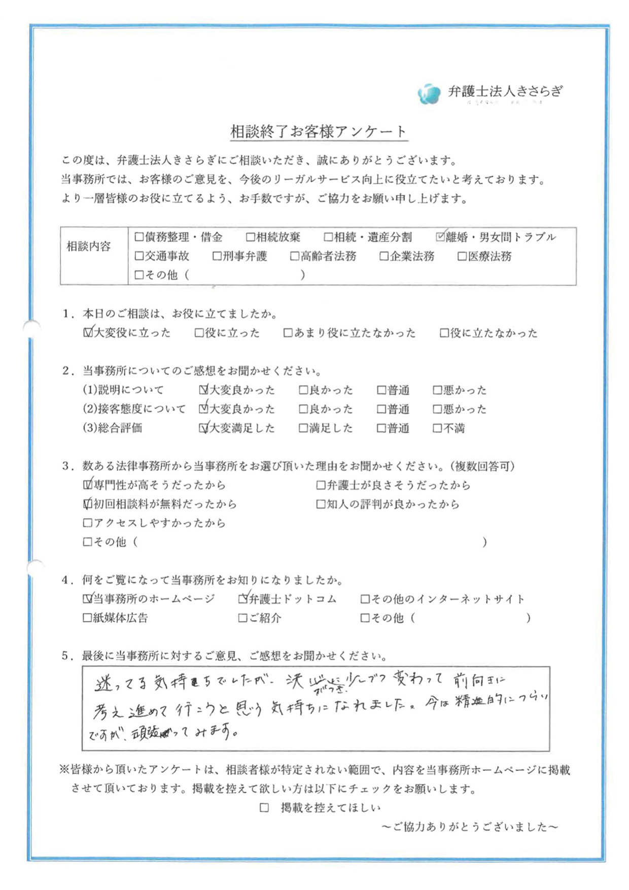 迷ってる気持ちでしたが、決心がつき、少しずつ変わって前向きに考え進めて行こうと思う気持ちになれました。今は精神的につらいですが、頑張ってみます