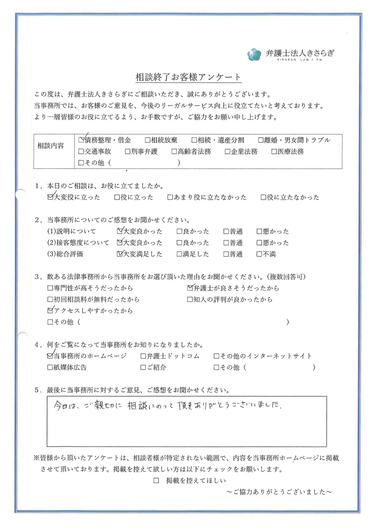 今日は、ご親切に相談にのって頂きありがとうございました