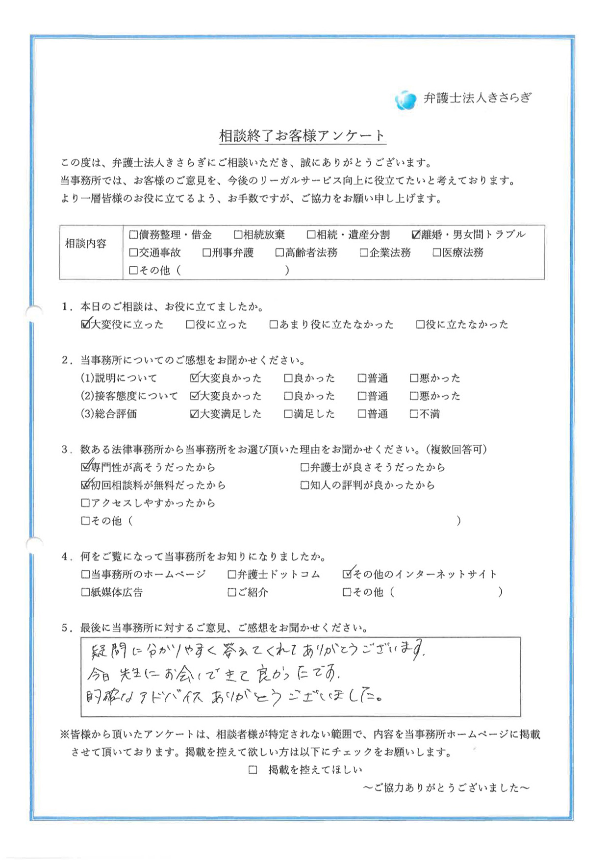 疑問に分かりやすく答えてくれてありがとうございます。今日先生にお会いできて良かったです。的確なアドバイスありがとうございました