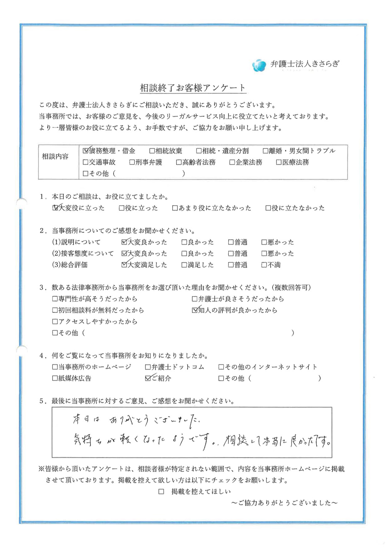 本日はありがとうございました。気持ちが軽くなったようです。相談して本当に良かったです