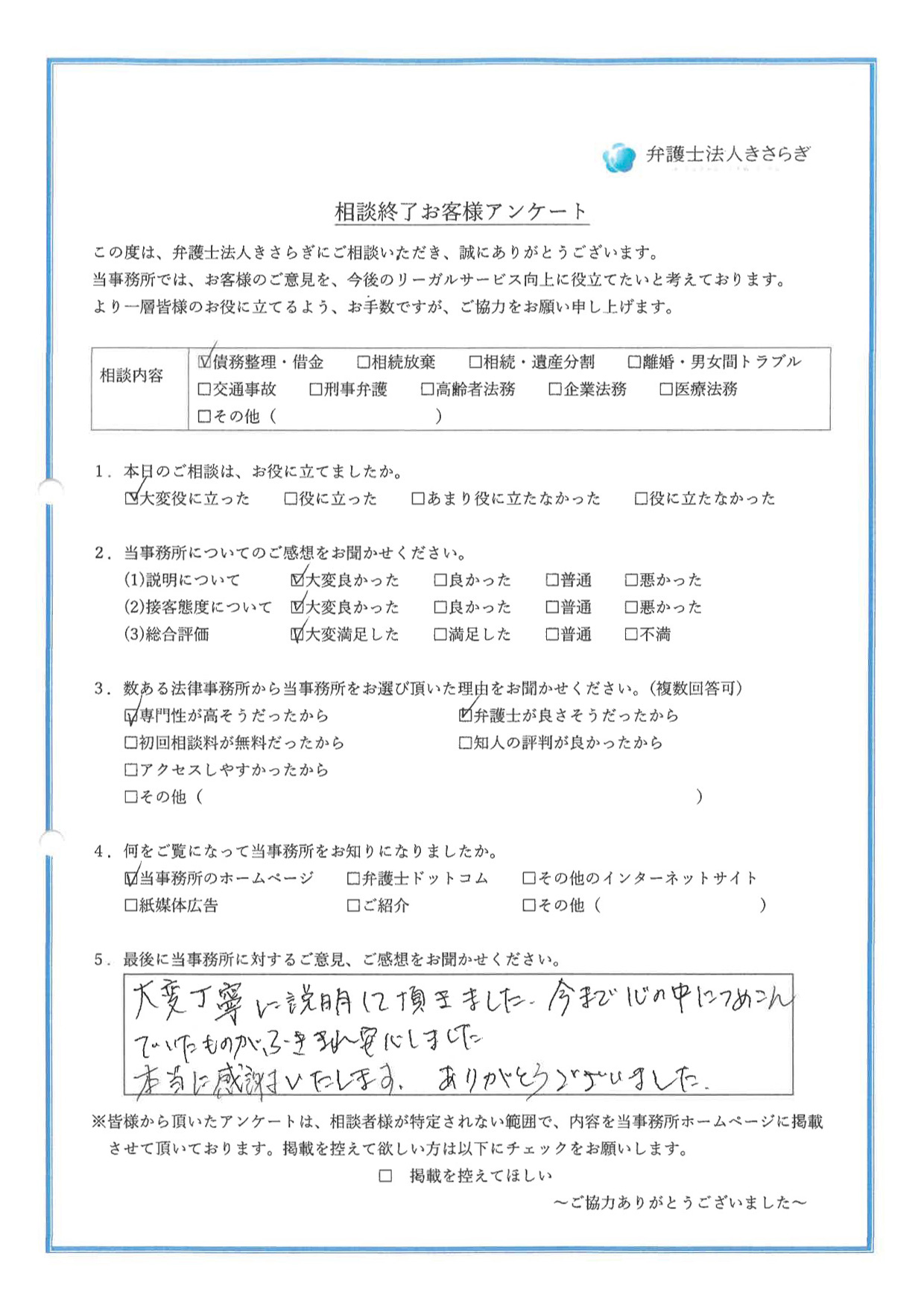 大変丁寧に説明して頂きました。今まで心の中につめこんでいたものがふききれ安心しました。本当に感謝いたします。ありがとうございました