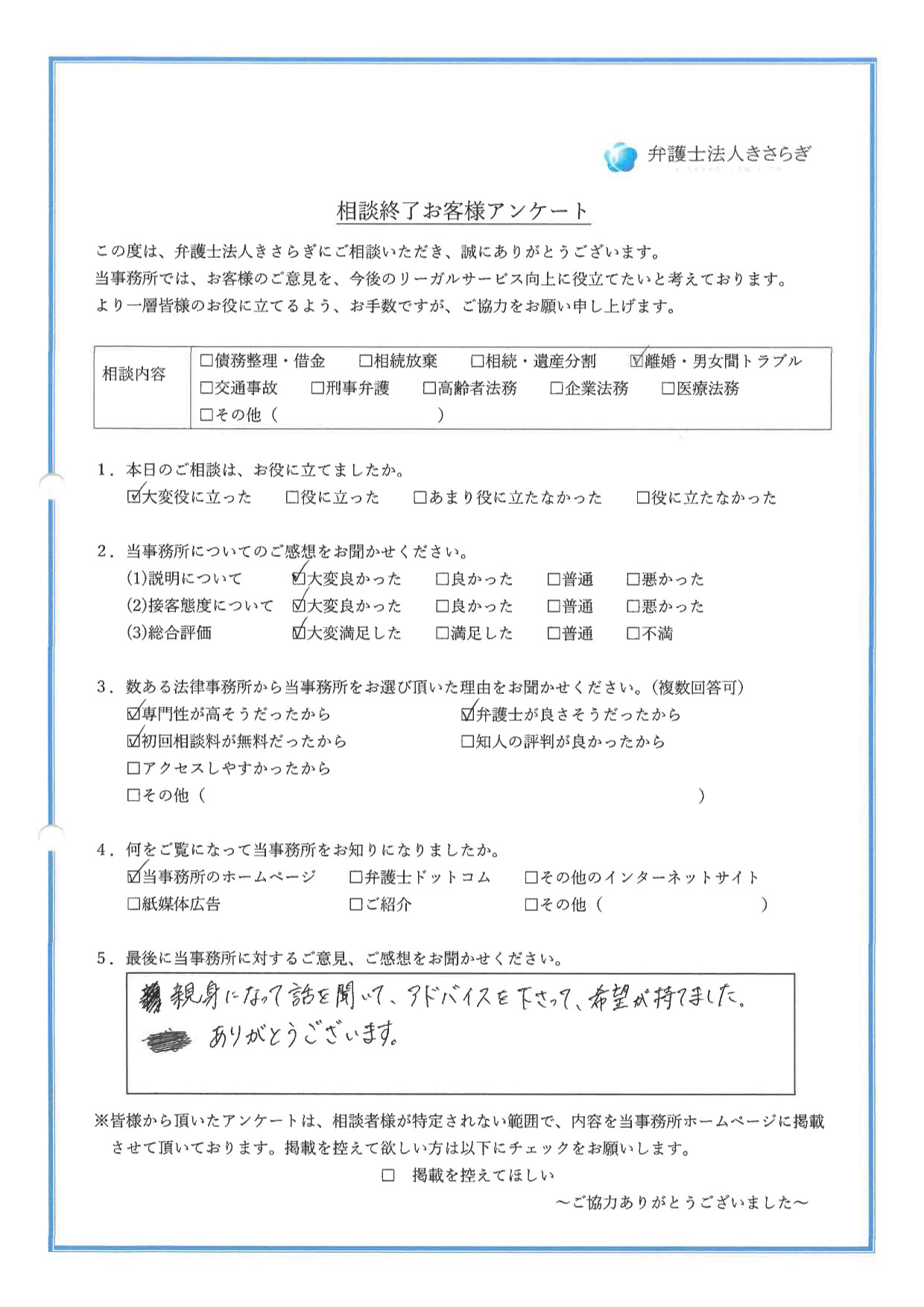 親身になって話を聞いて、アドバイスを下さって、希望が持てました。ありがとうございます