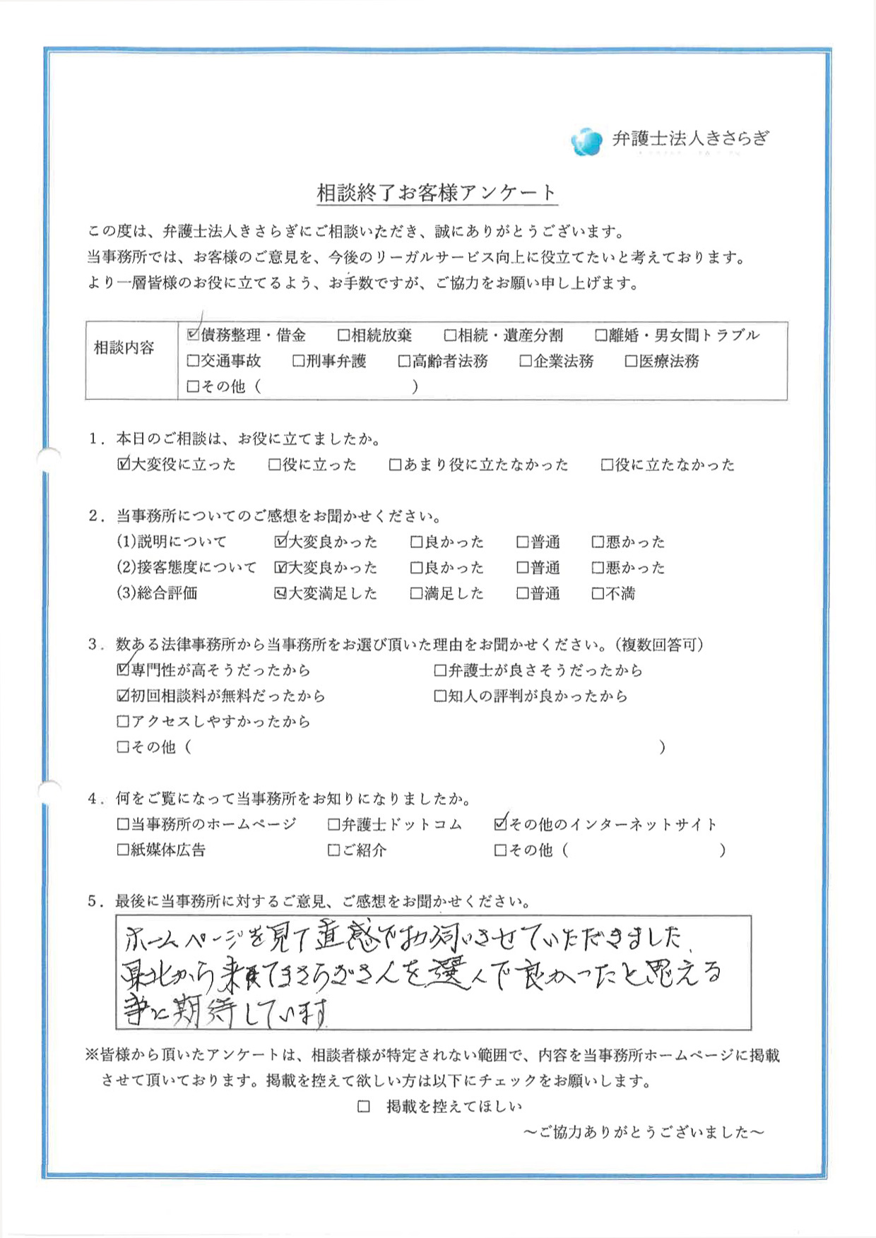 ホームページを見て直感でお伺いさせていただきました。県北から来てきさらぎさんを選んで良かったと思える事に期待しています