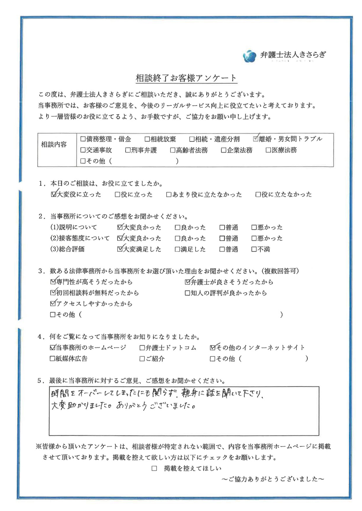 時間をオーバーしてしまったにも関わらず、親身に話を聞いて下さり、大変助かりました。ありがとうございました