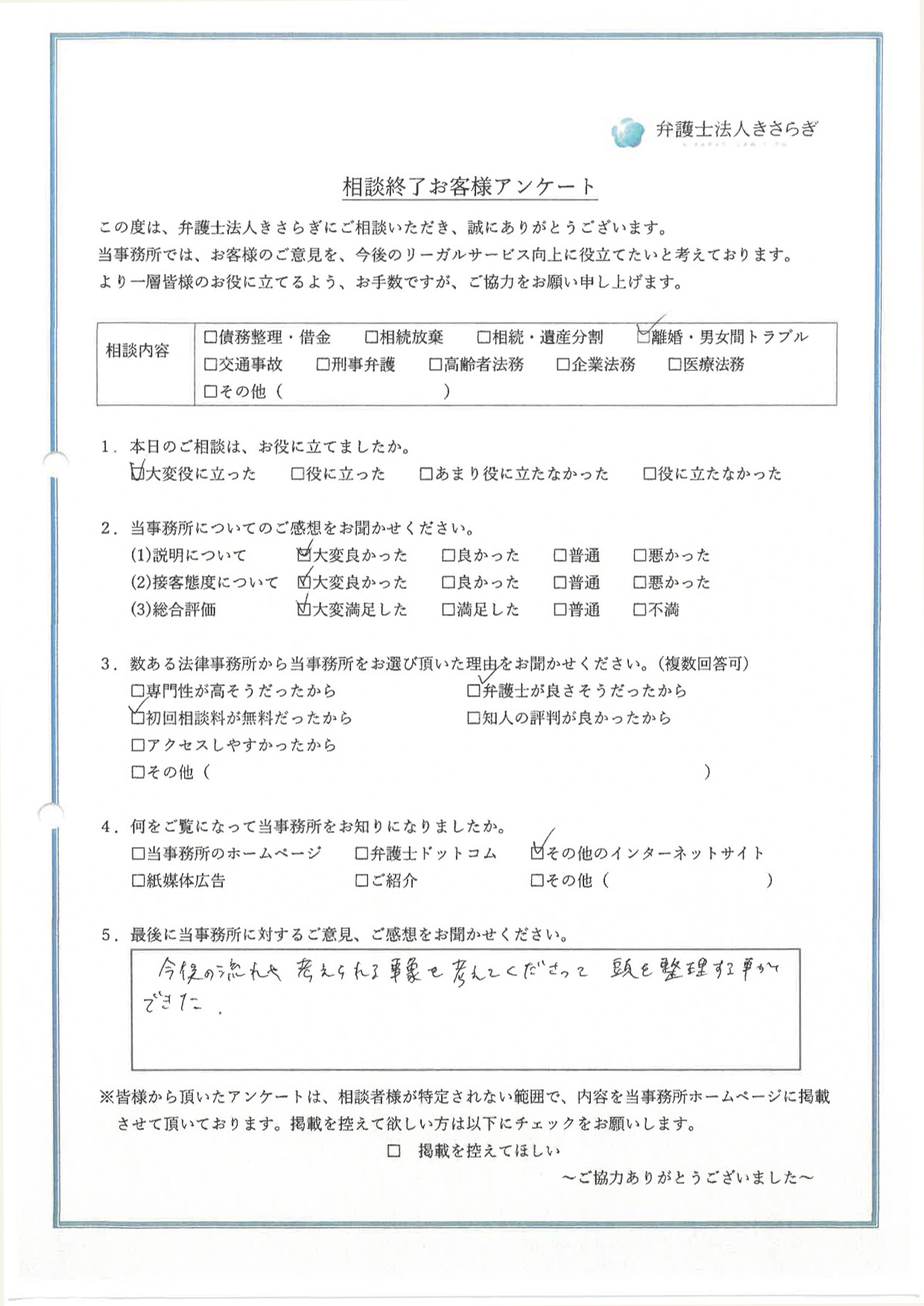 今後の流れや考えられる事象を考えてくださって、頭を整理する事ができた