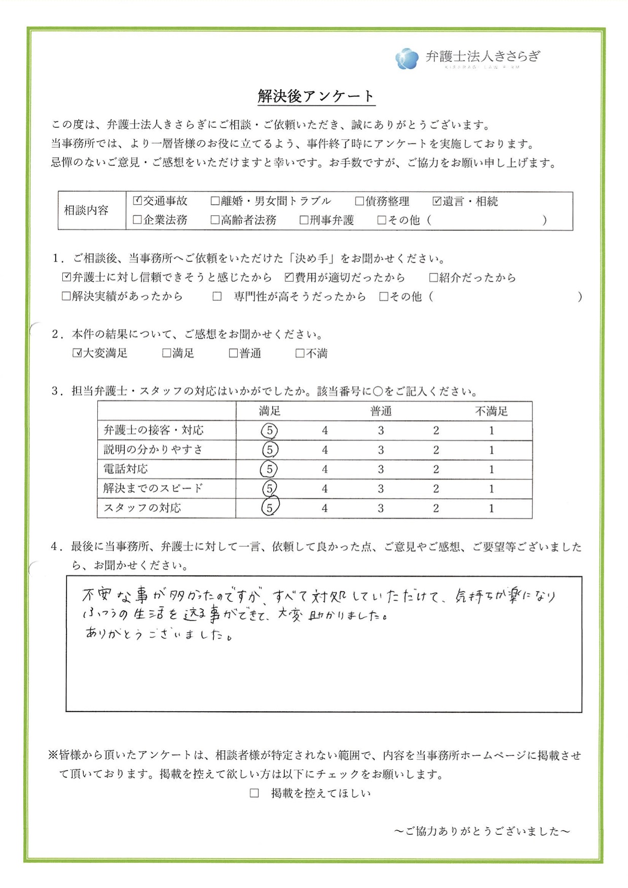 不安な事が多かったのですが、すべて対処していただき気持ちが楽になりました