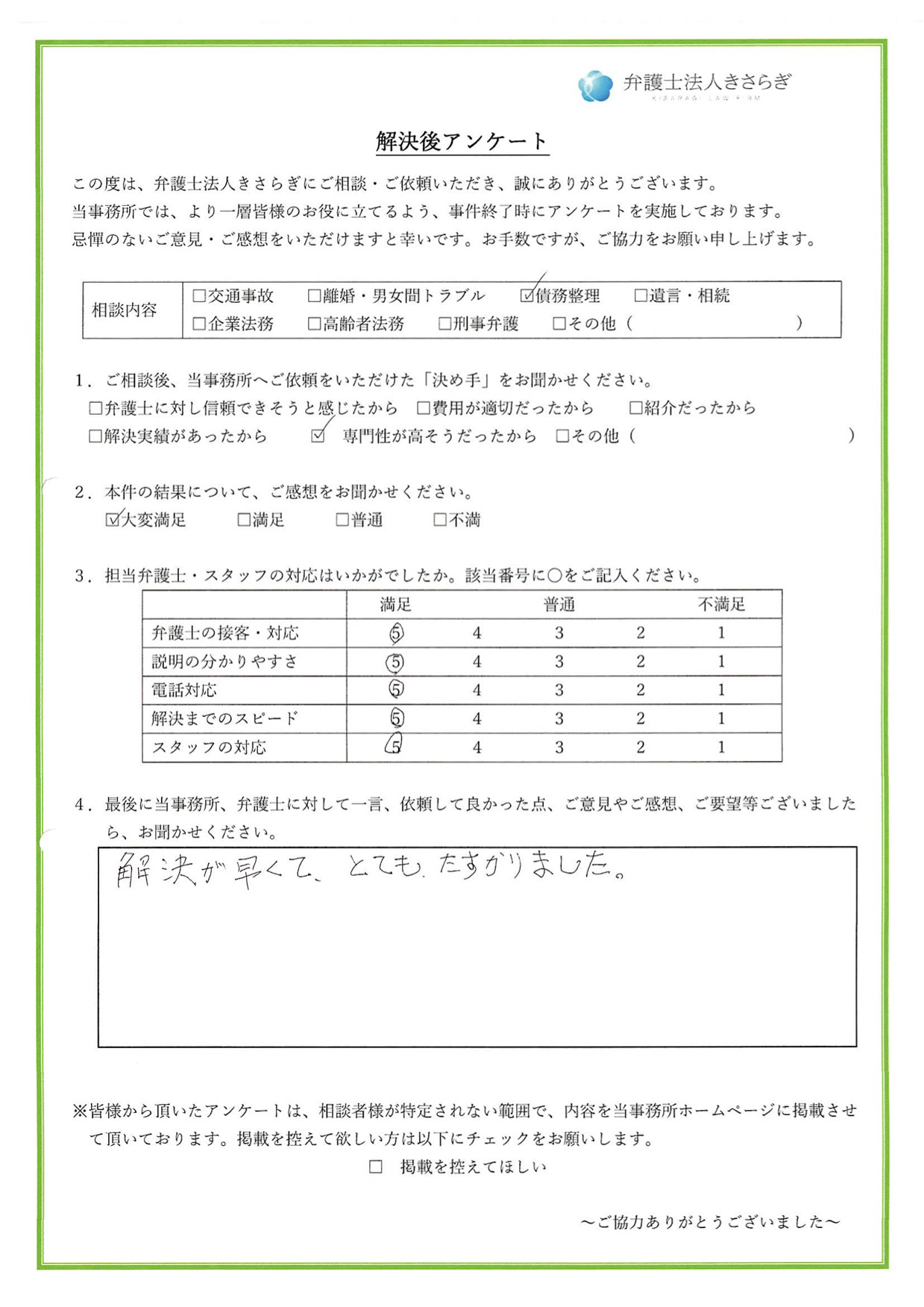 解決が早くて、とてもたすかりました