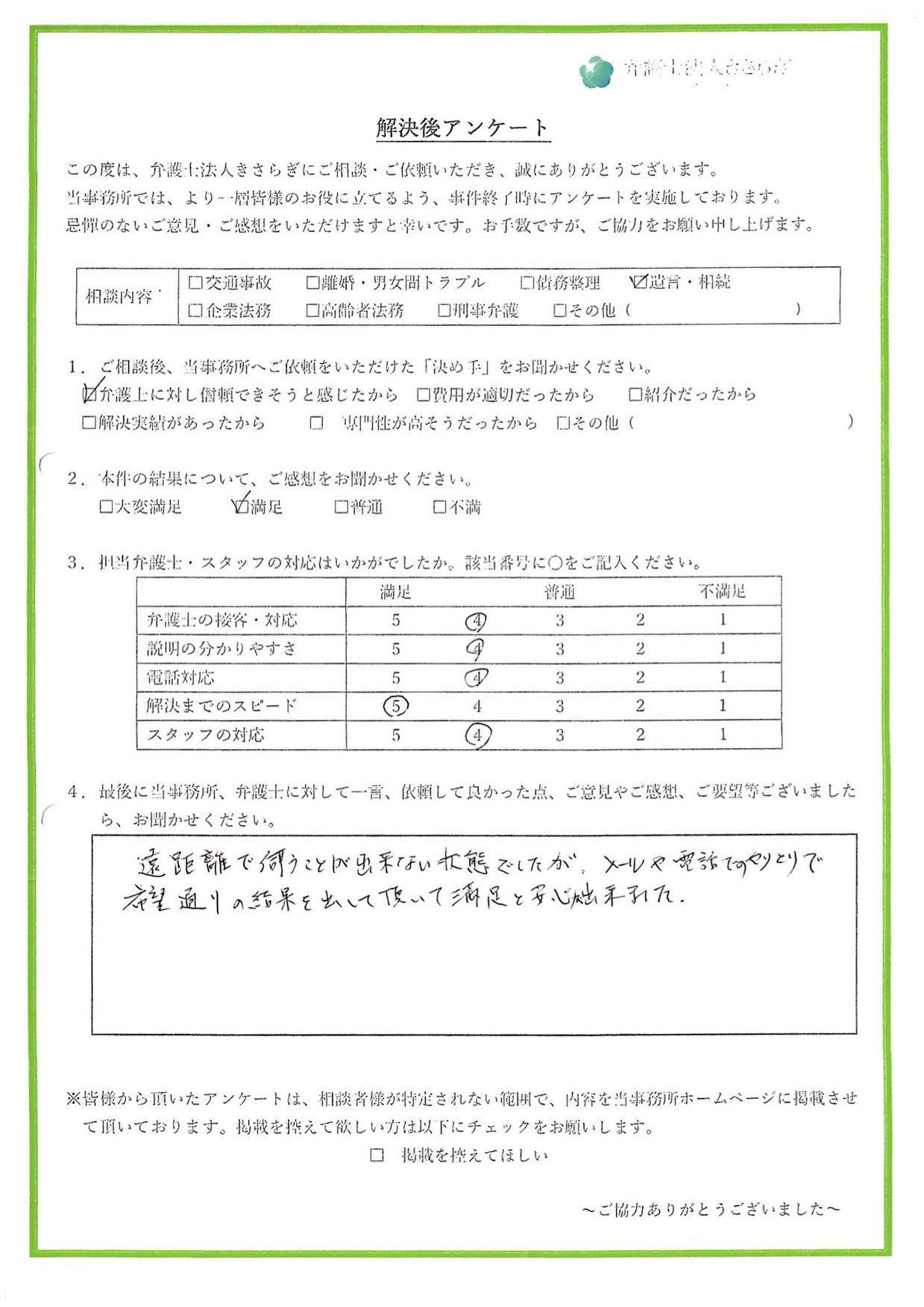 遠距離で伺うことが出来ない状態でしたが、メールや電話でのやりとりで希望通りの結果を出して頂いて、満足と安心が出来ました