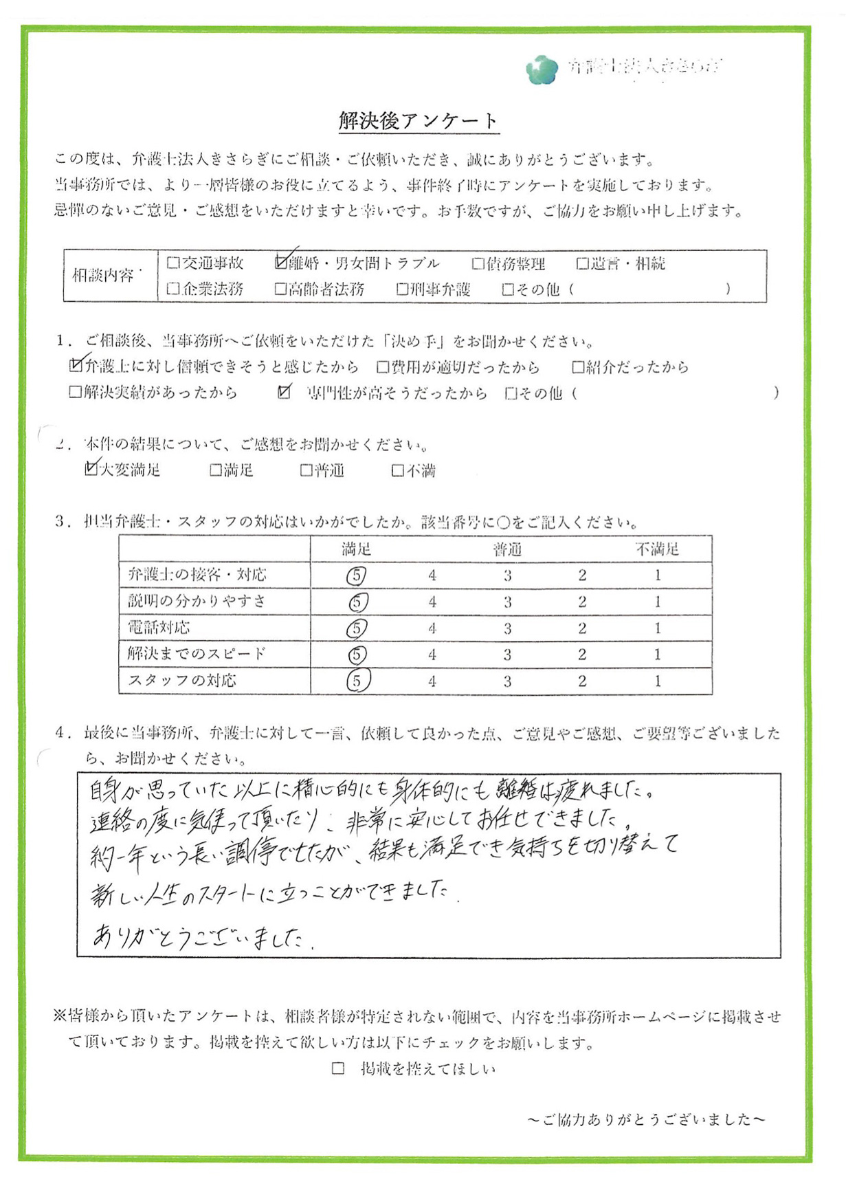 自身が思っていた以上に精神的にも身体的にも離婚は疲れました。連絡の度に気遣って頂いたり、非常に安心してお任せできました。約一年という長い調停でしたが、結果も満足でき気持ちを切り替えて新しい人生のスタートに立つことができました。ありがとうございました