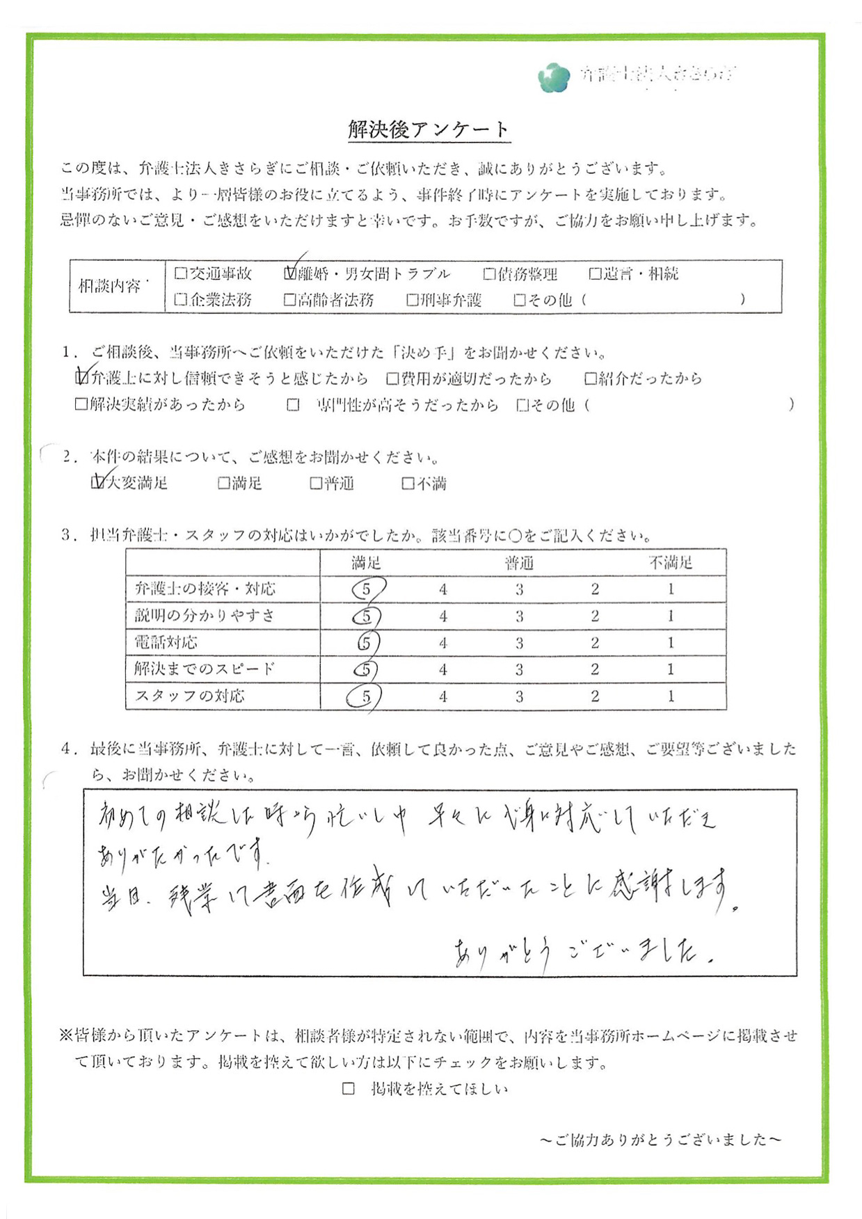 初めての相談をした時から、忙しい中早々に親身に対応していただきありがたかったです。当日、残業して書面を作成していただいたことに感謝します。ありがとうございました