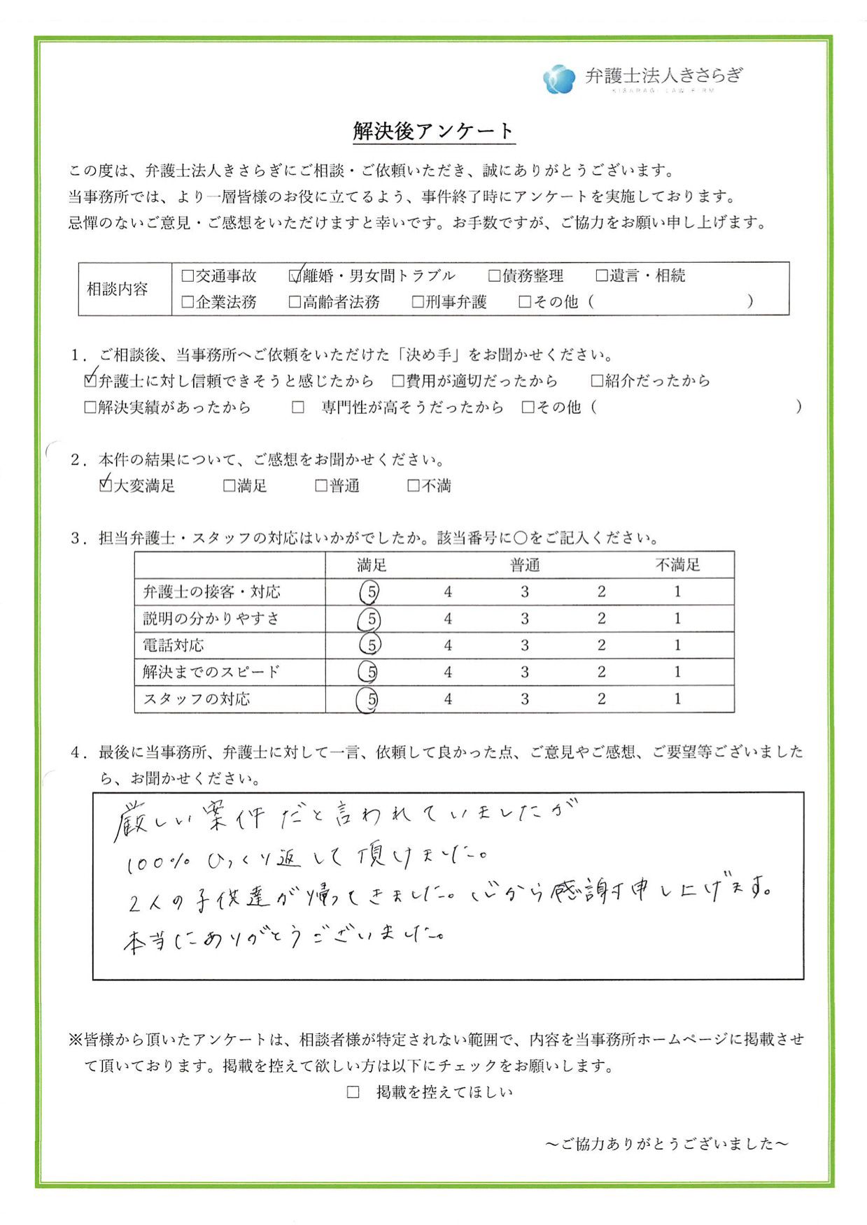 厳しい案件だと言われていましたが、100%ひっくり返して頂けました。2人の子供達が帰ってきました。心から感謝申し上げます。本当にありがとうございました