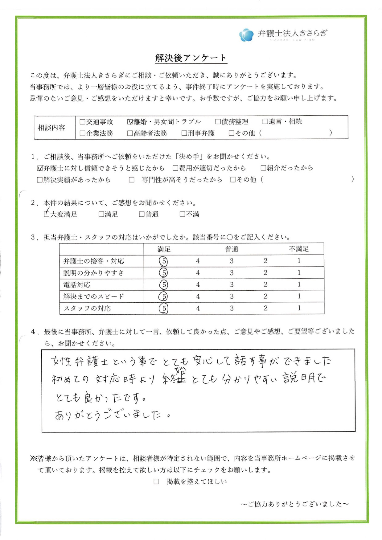 女性弁護士という事でとても安心して話す事ができました。初めての対応時より、終始とても分かりやすい説明でとても良かったです。ありがとうございました