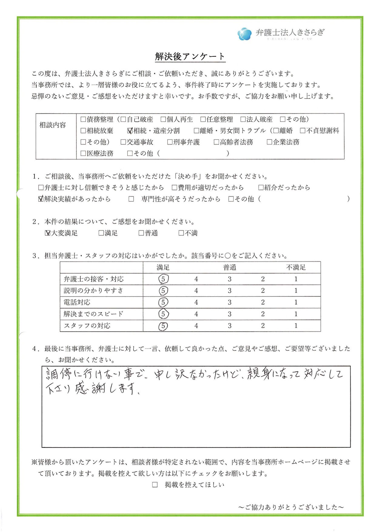 調停に行けない事で、申し訳なかったけど、親身になって対応して下さり感謝します