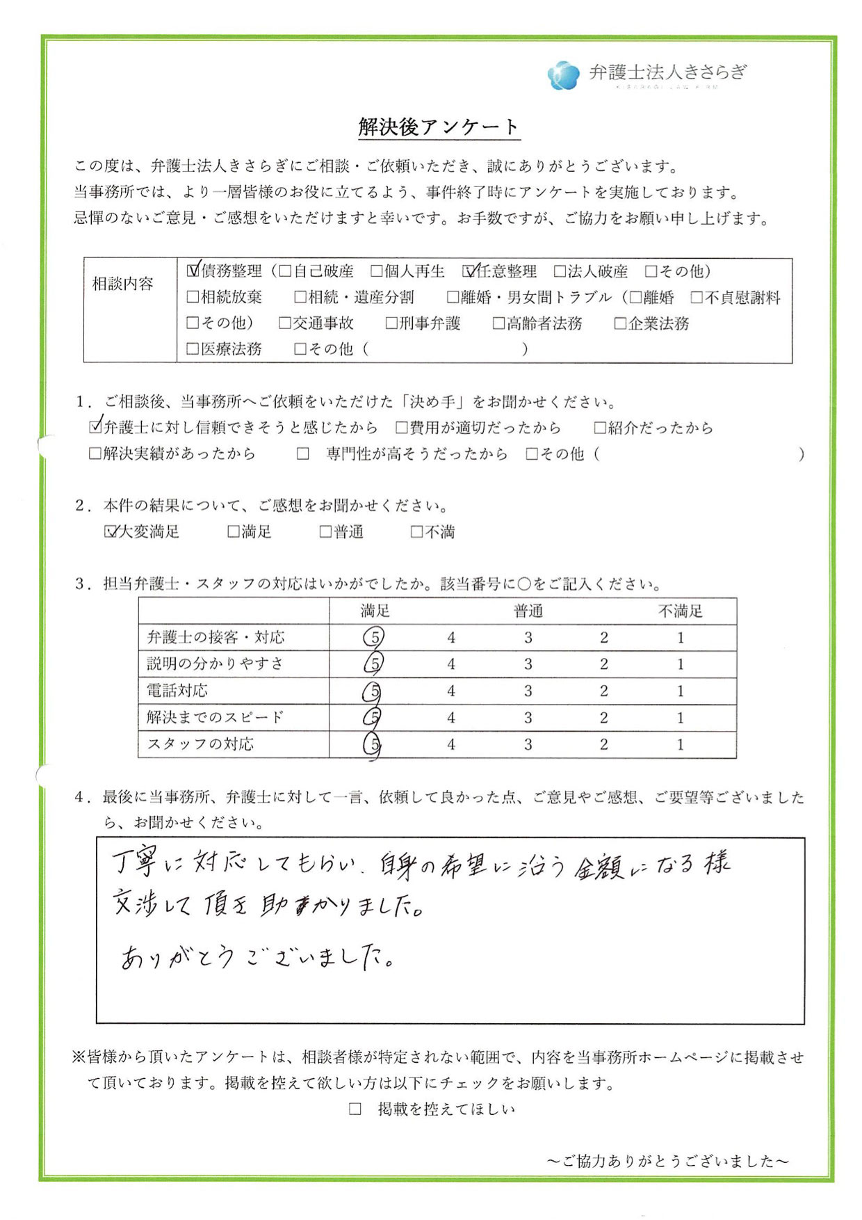 丁寧に対応してもらい、自身の希望に沿う金額になる様、交渉して頂き助かりました。ありがとうございました