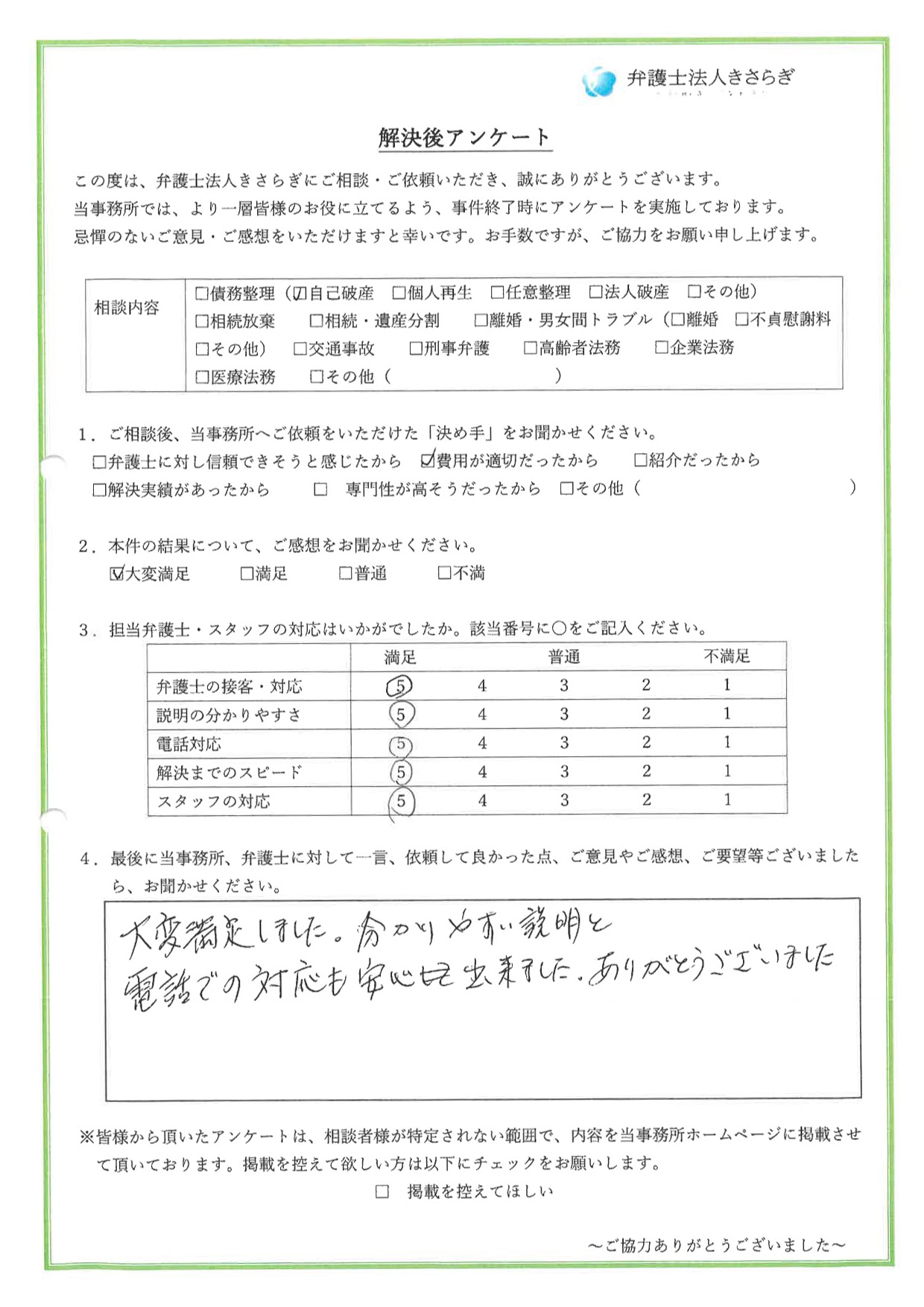 大変満足しました。分かりやすい説明と電話での対応も安心出来ました。ありがとうございました