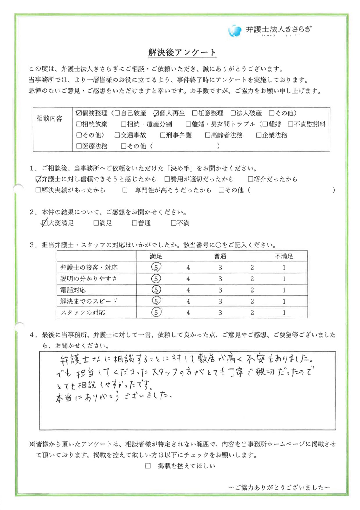 弁護士さんに相談することに対して敷居が高く不安もありました。でも担当してくださったスタッフの方がとても丁寧で親切だったので、とても相談しやすかったです。本当にありがとうございました