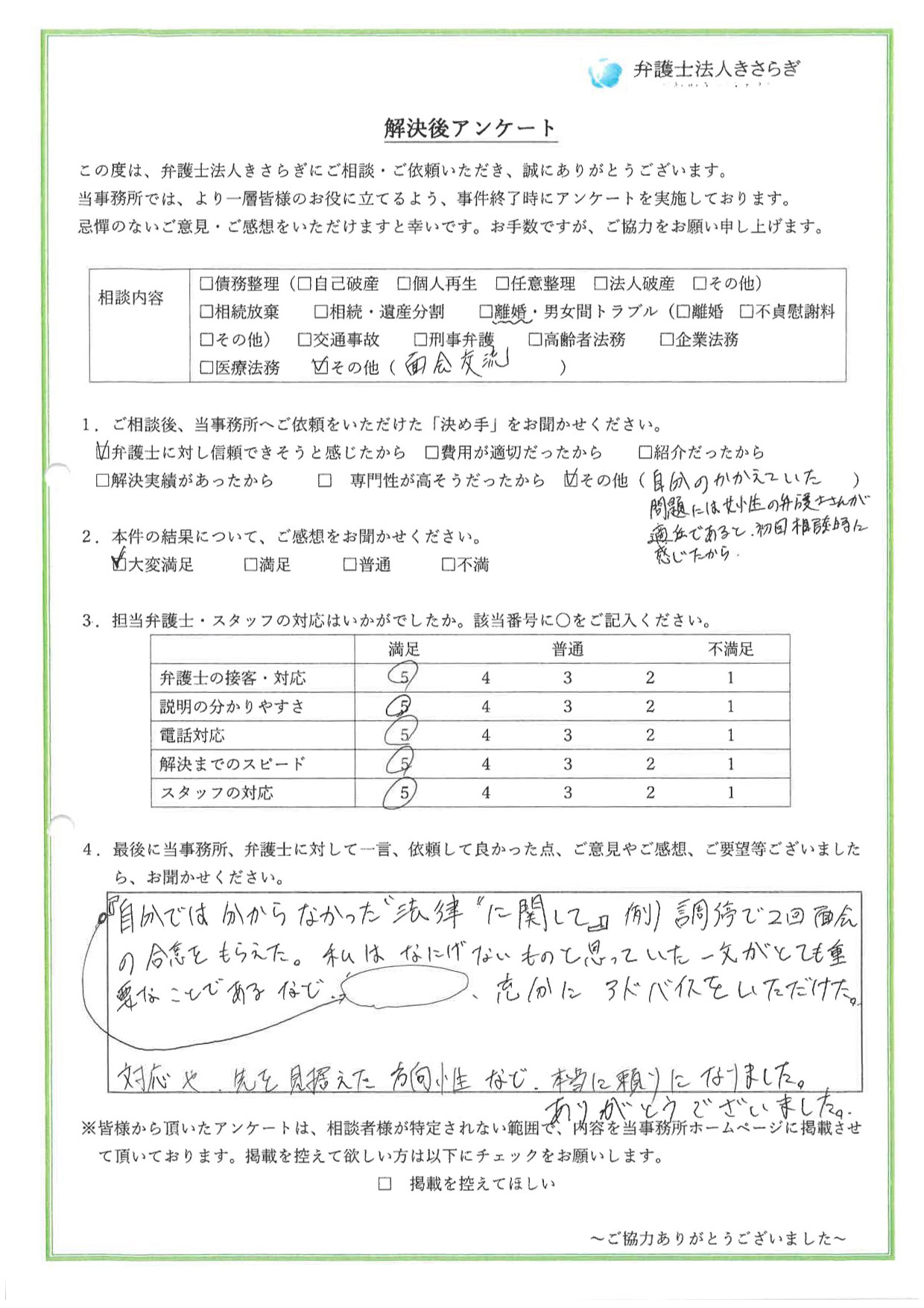 私はなにげないものと思っていた一文がとても重要であることなど、自分では分からなかった“法律”に関して、充分にアドバイスをいただけた。対応や先を見据えた方向性など、本当に頼りになりました。ありがとうございました