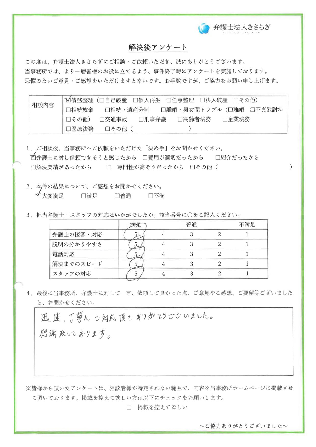 迅速、丁寧にご対応頂きありがとうございました。感謝致しております