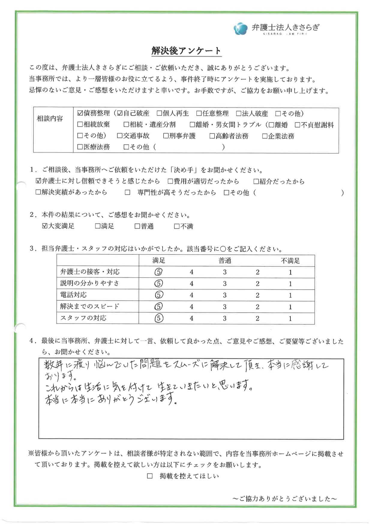 数年に渡り悩んでいた問題をスムーズに解決して頂き、本当に感謝しております。これからは生活に気を付けて生きていきたいと思います。本当に本当にありがとうございます